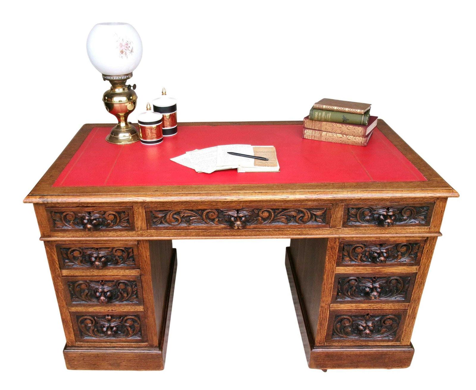 Victorian Lion Mask Oak Desk, Red Leather Top, Antique Carved Flemish Study Library Office Furniture photo for sale