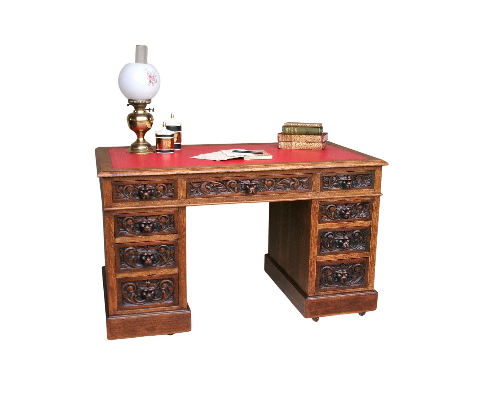 Victorian Lion Mask Oak Desk, Red Leather Top, Antique Carved Flemish Study Library Office Furniture photo buy