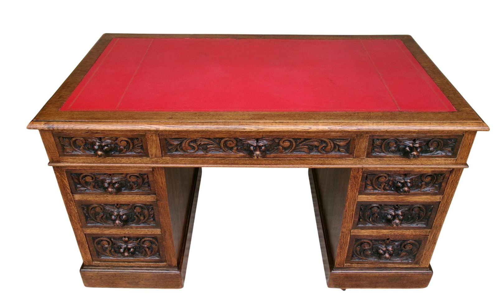 Furniture Victorian Lion Mask Oak Desk, Red Leather Top, Antique Carved Flemish Study Library Office Furniture photo