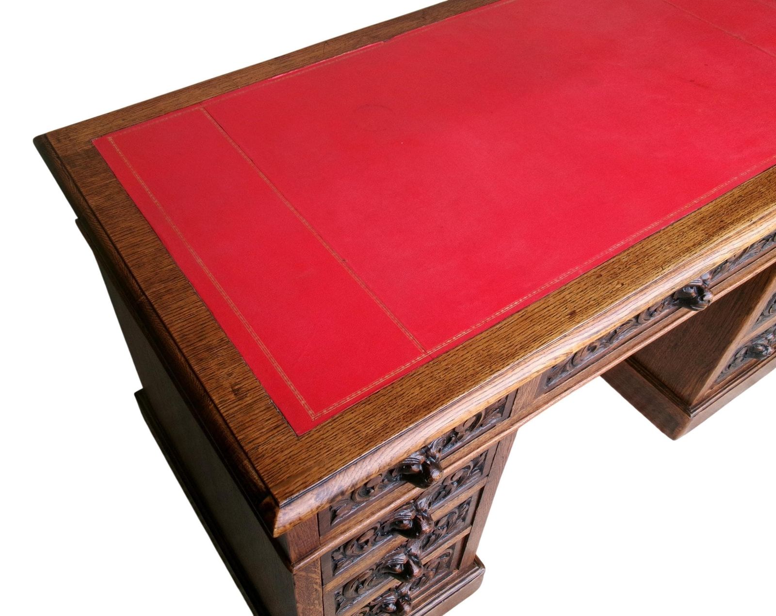 785.0 Victorian Lion Mask Oak Desk, Red Leather Top, Antique Carved Flemish Study Library Office Furniture photo