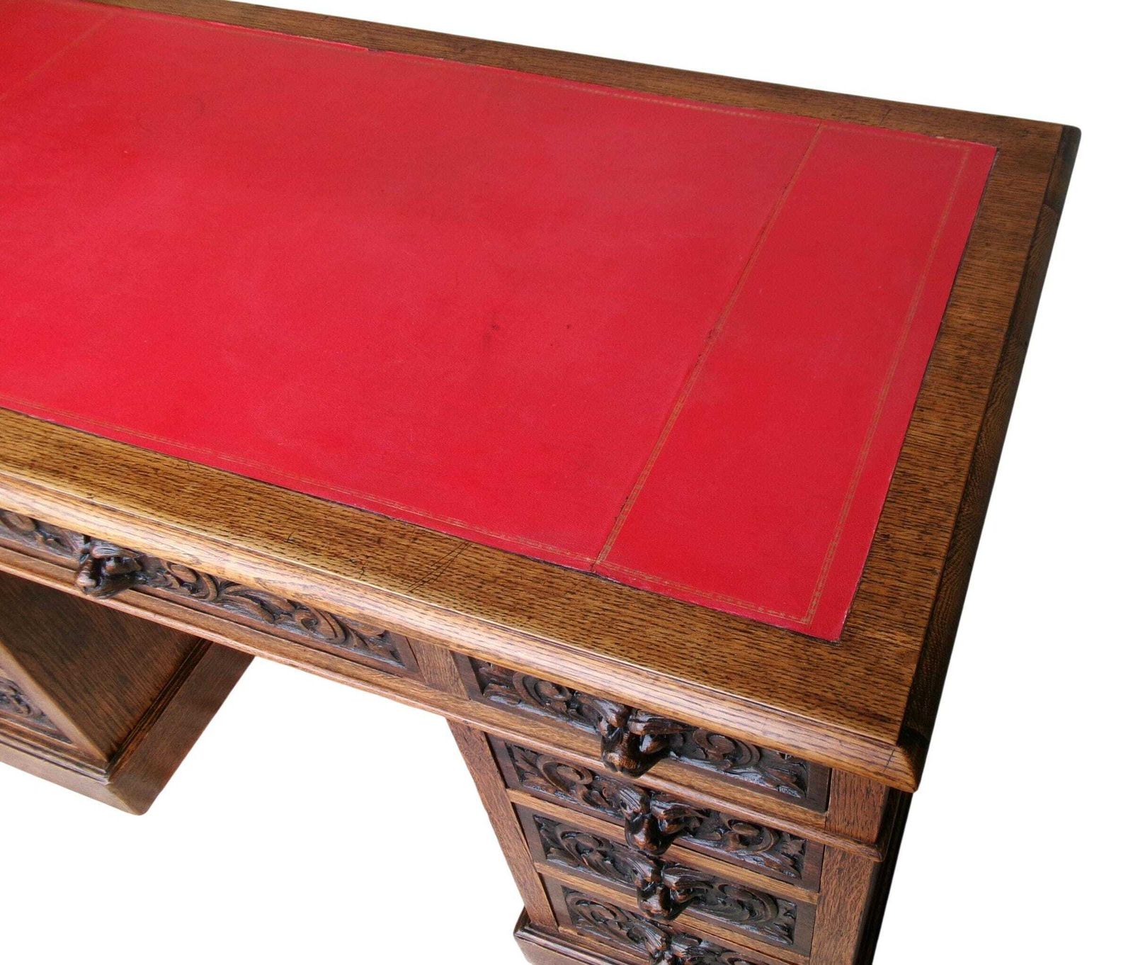 photo vinterior Victorian Lion Mask Oak Desk, Red Leather Top, Antique Carved Flemish Study Library Office Furniture
