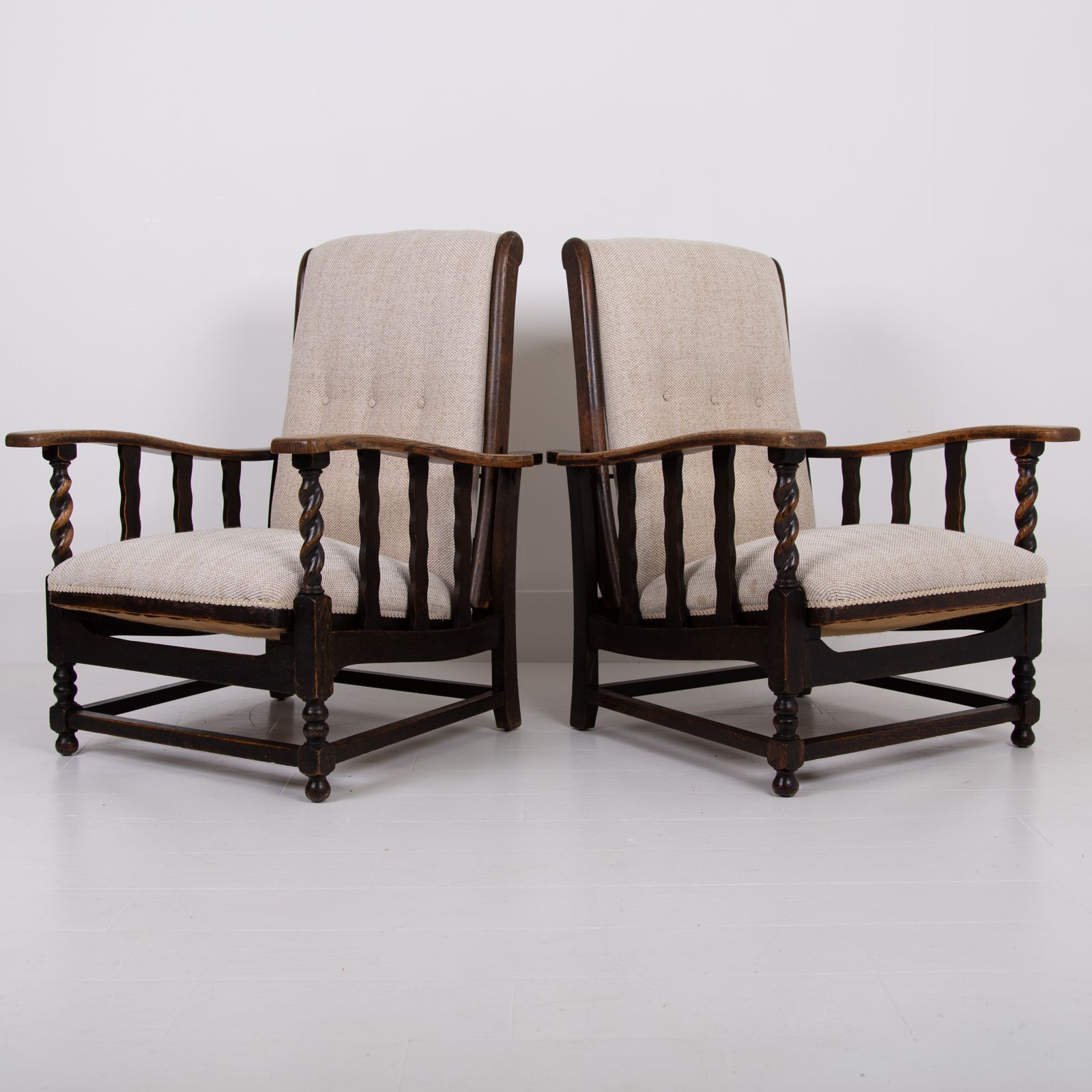 Pair Of Reclining Oak Armchairs New Upholstery C1915 photo furniture