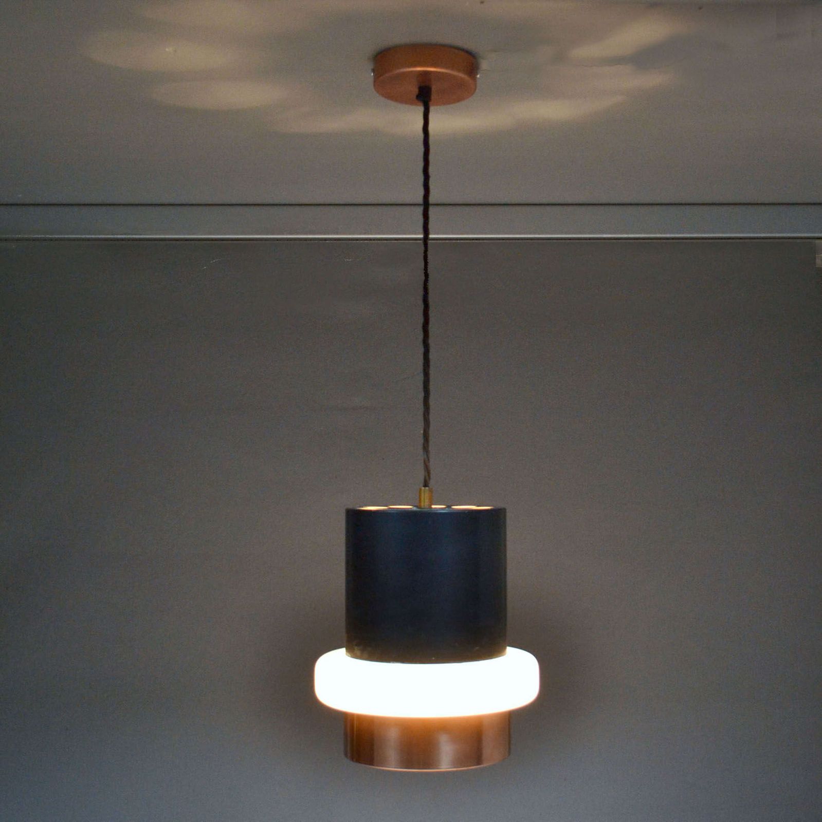 Set Of Modernist Black Metal, Copper And Glass Pendants By Philips 1960' S photo 2850.0