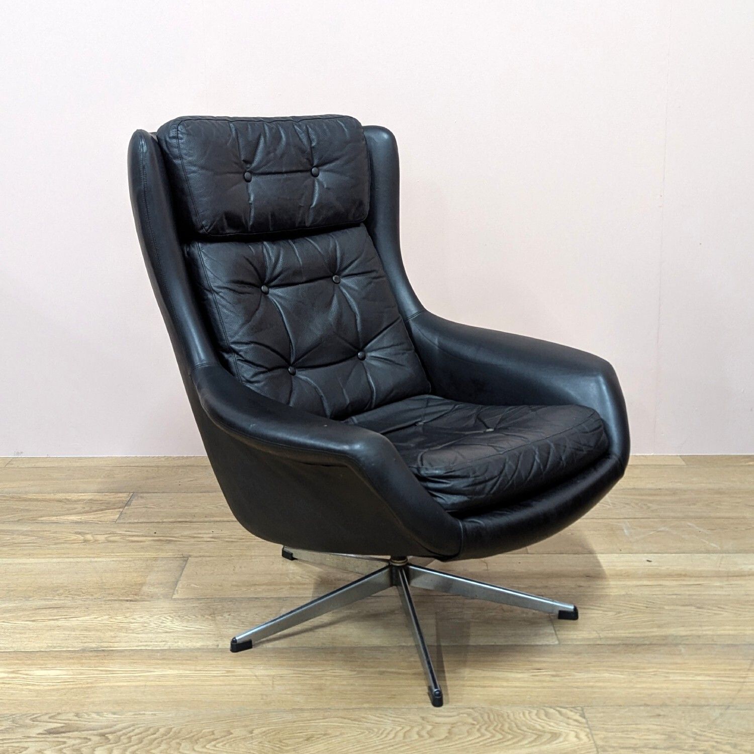 photo for sale Midcentury Danish Black Leather Swivel Lounge Chair