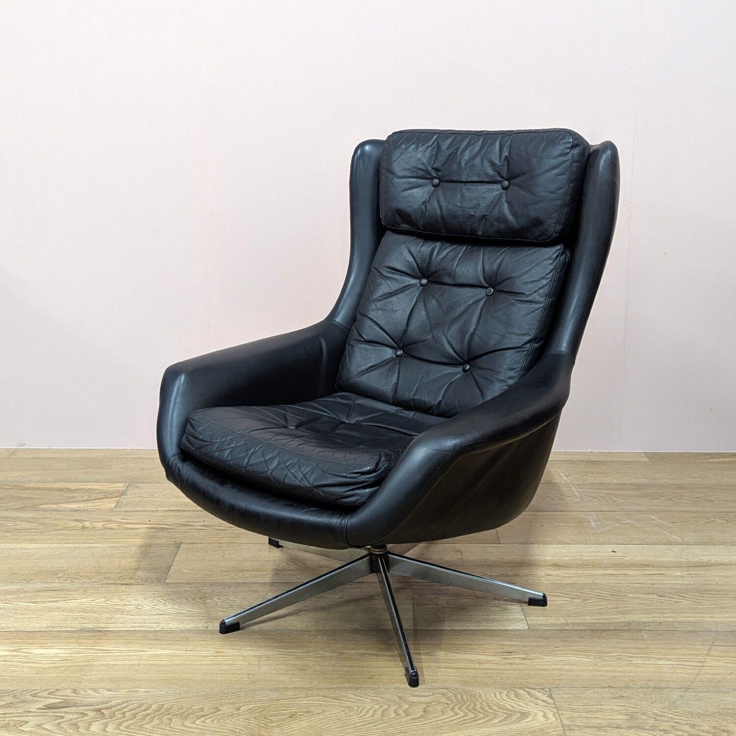 photo buy Midcentury Danish Black Leather Swivel Lounge Chair