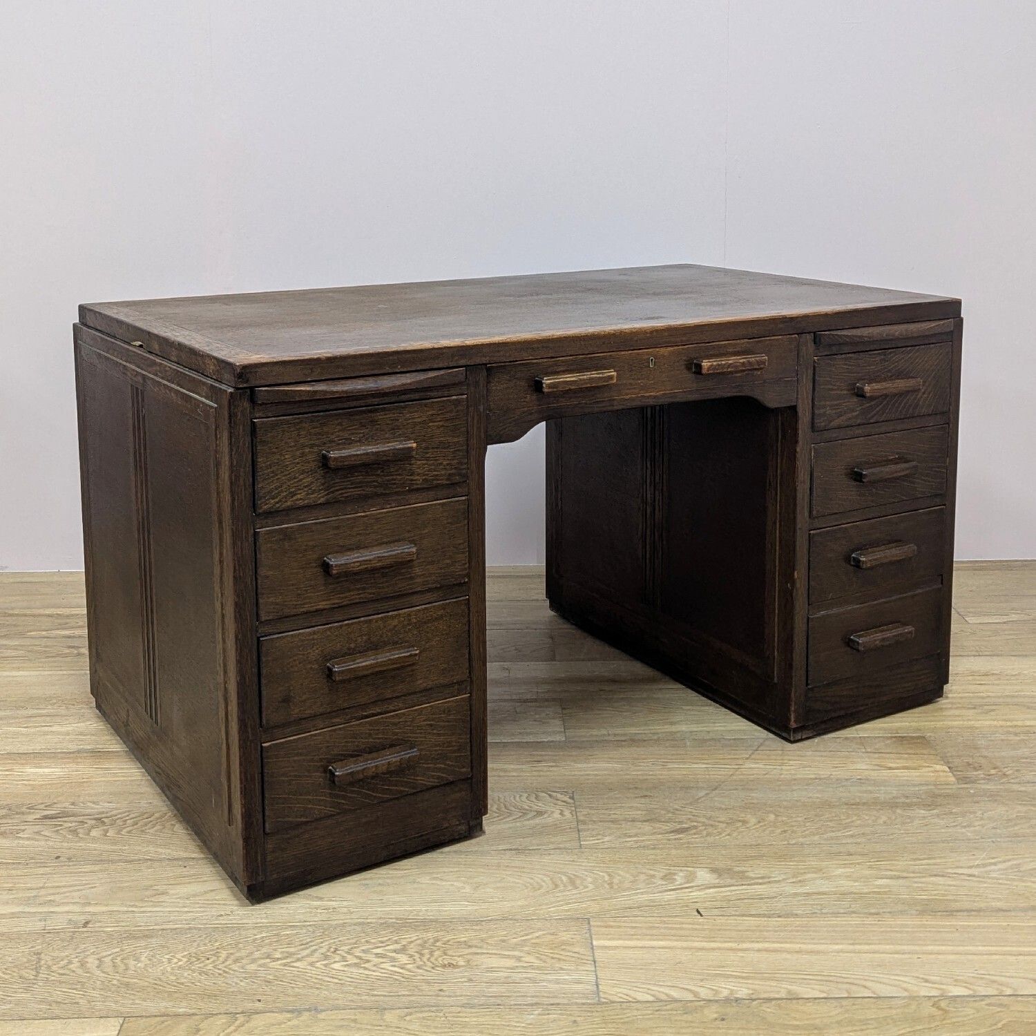 photo buy Large Antique Early 20th Century Dark Oak Pedestal Desk