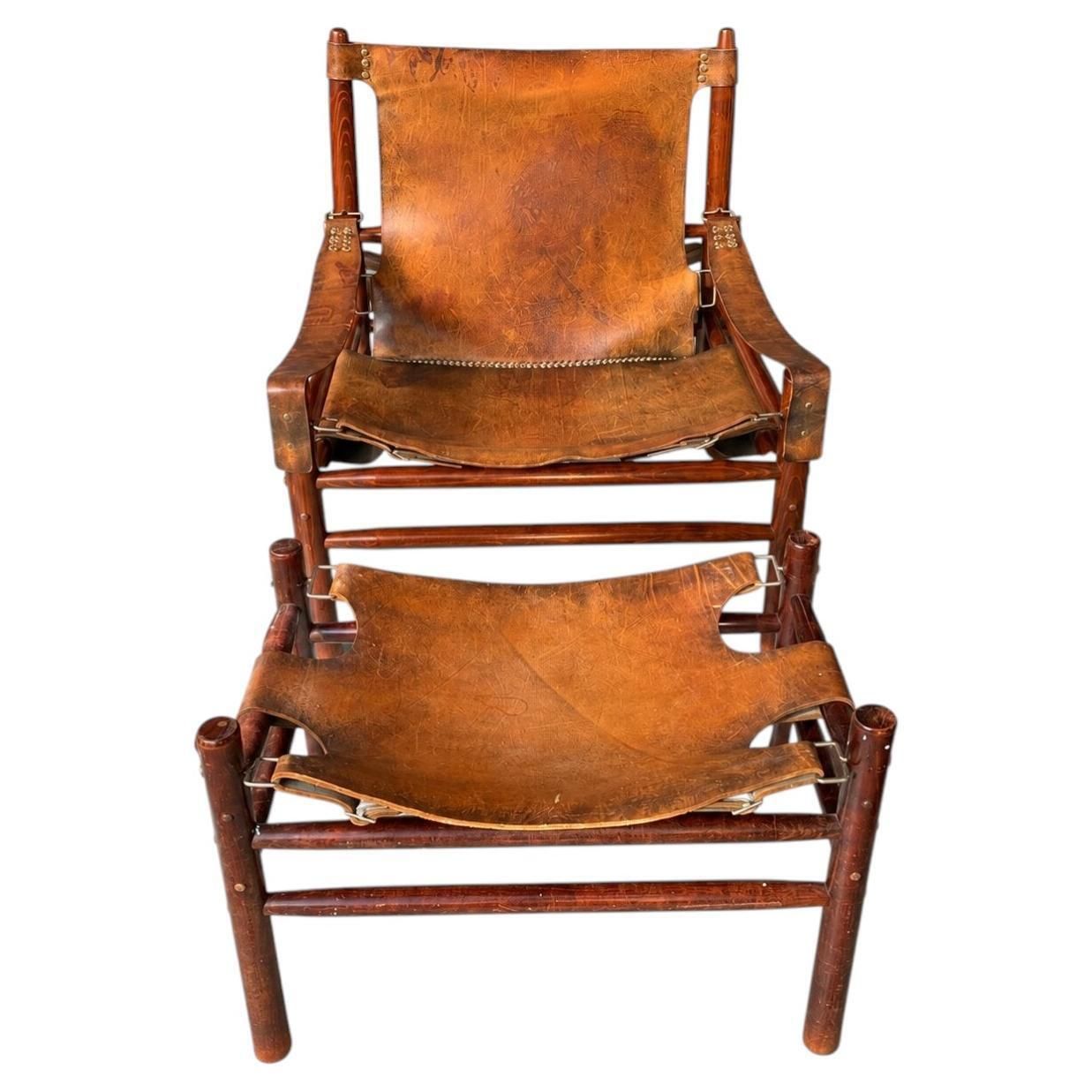 Leather Safari Lounge Chair With Ottoman, In The Style Of Arne Norell, 1970s