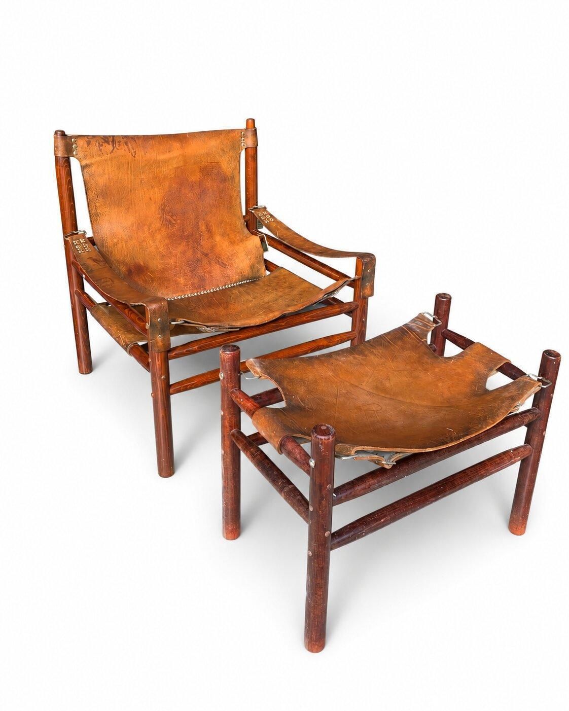 Leather Safari Lounge Chair With Ottoman, In The Style Of Arne Norell, 1970s photo for sale