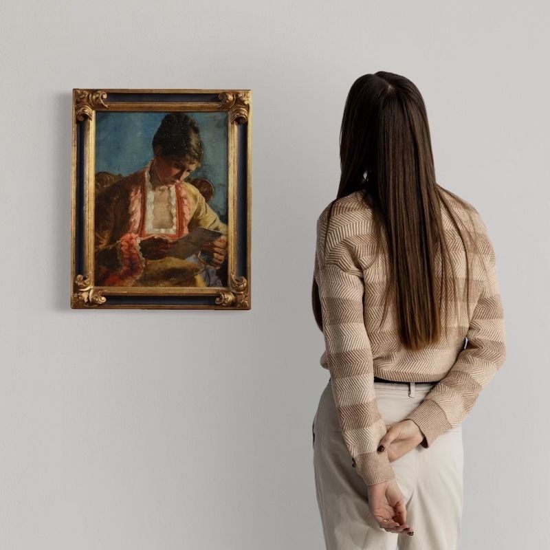 Peinture française, portrait d'une femme à la lettre, datée 1979 photo furniture
