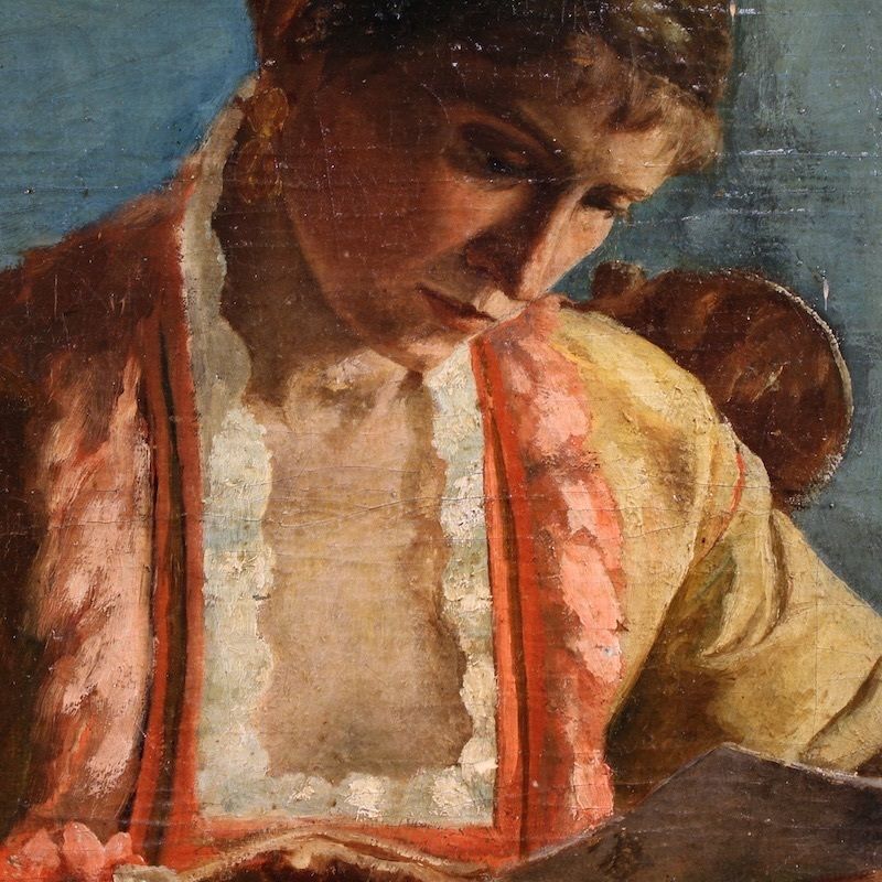 1500.0 Peinture française, portrait d'une femme à la lettre, datée 1979 photo