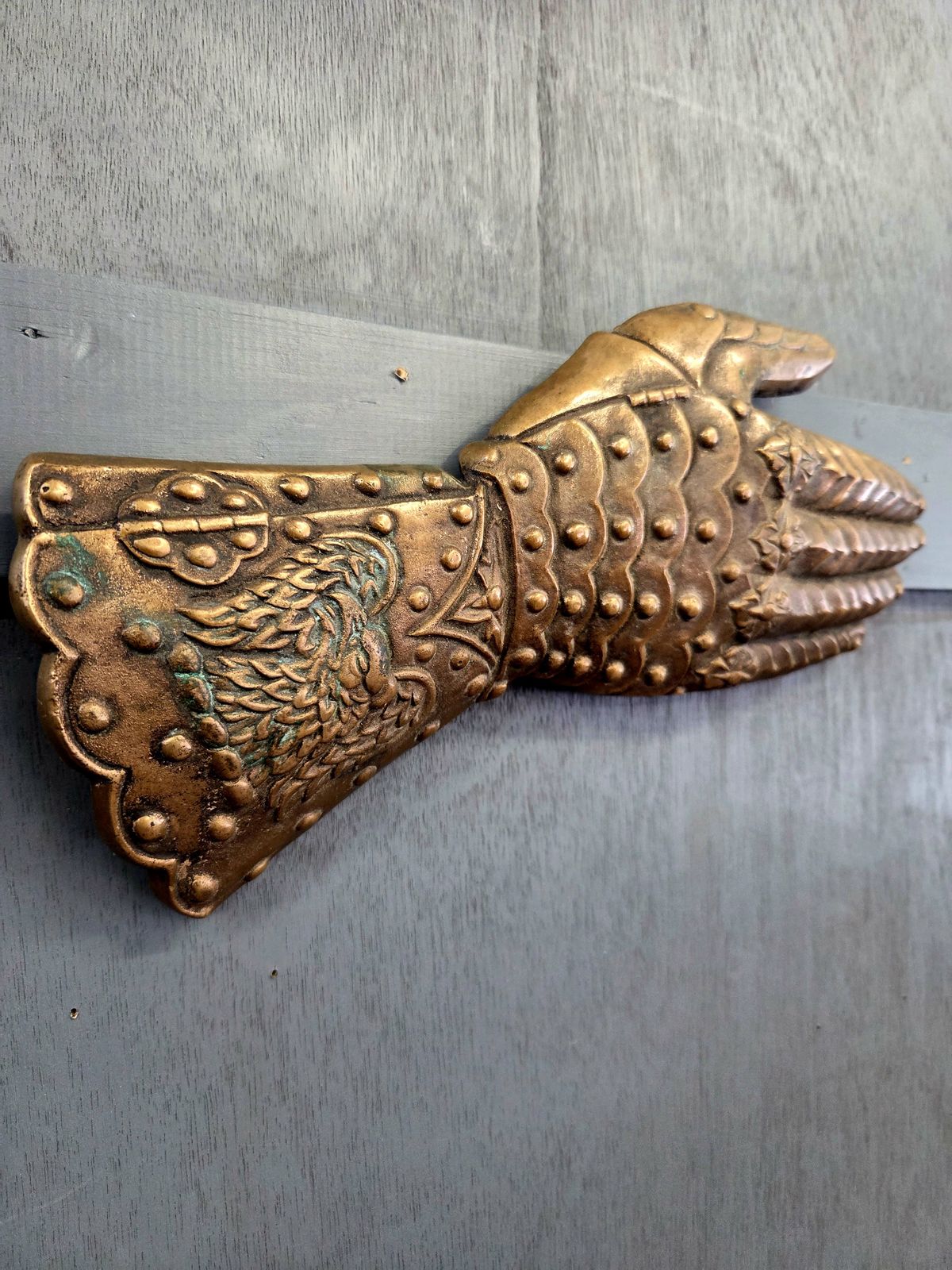 Gothic Revival Bronze Knight's Gauntlet Plaque | Medieval Armour Hand Wall Decor | Heavy Decorative Bronze photo Art