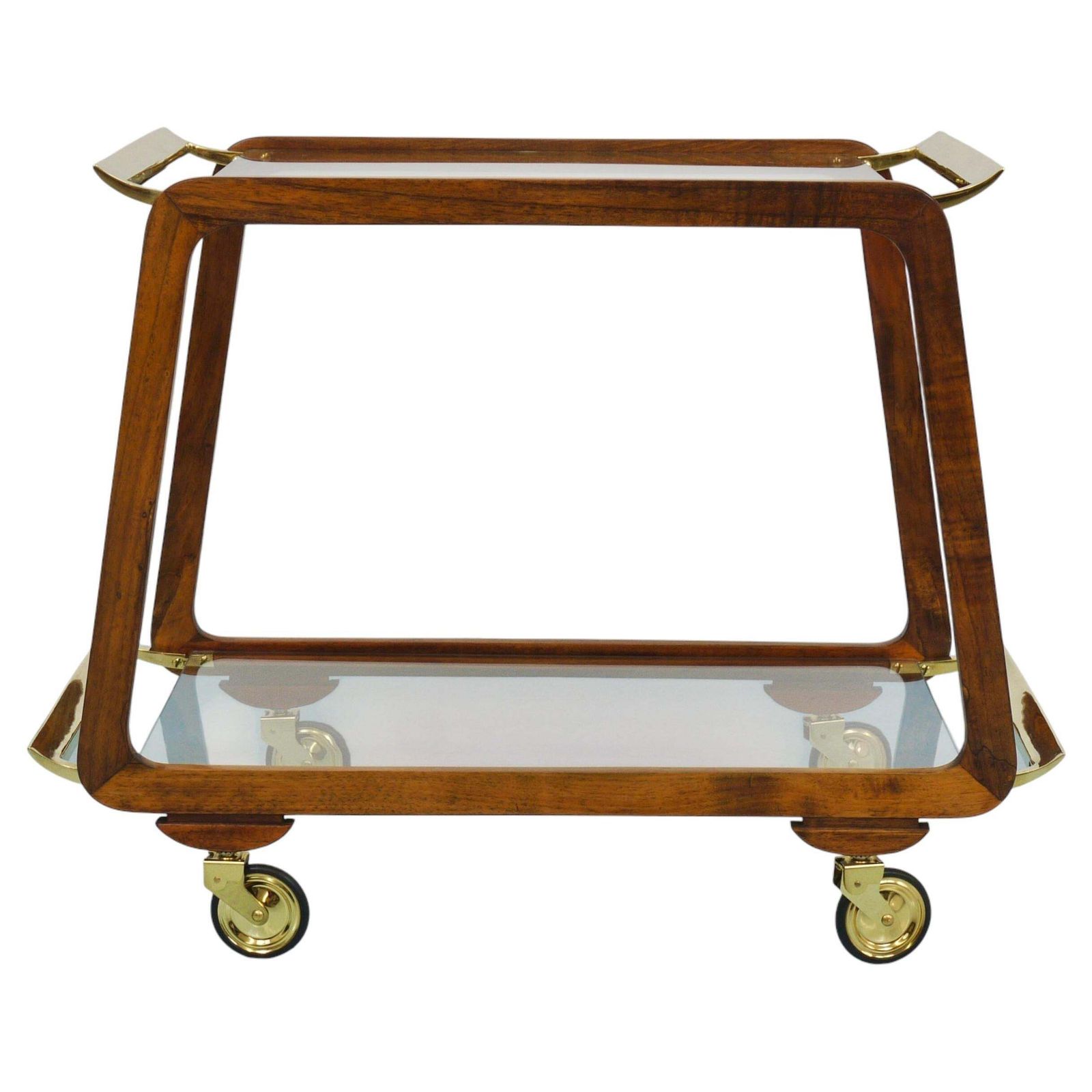 Mid Century Walnut Brass Bar Cart Serving Trolley, 1950s, Oswald Haerdtl Attr.