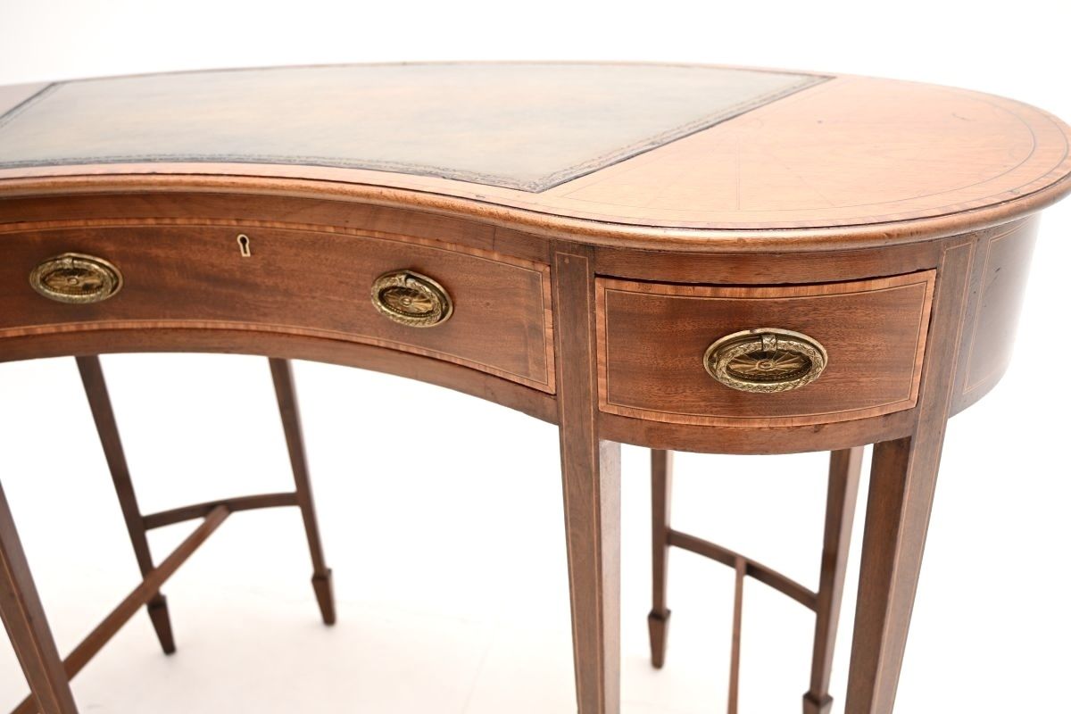 Antique Edwardian Inlaid Mahogany Kidney Shaped Desk photo vinterior