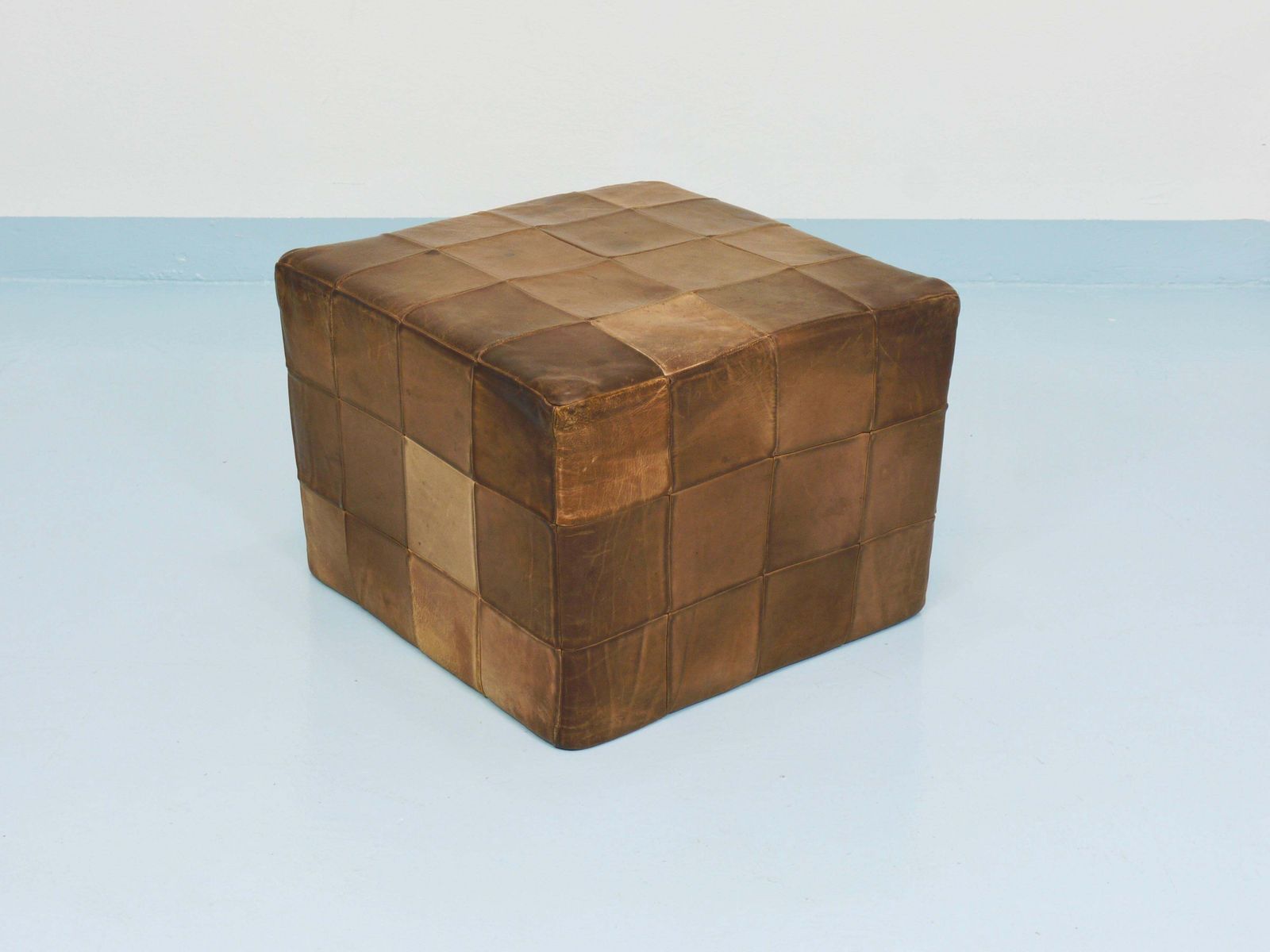 1268.0 De Sede Patchwork Leather Cube Stool, Pouf, Ottoman, Switzerland, 1970s photo