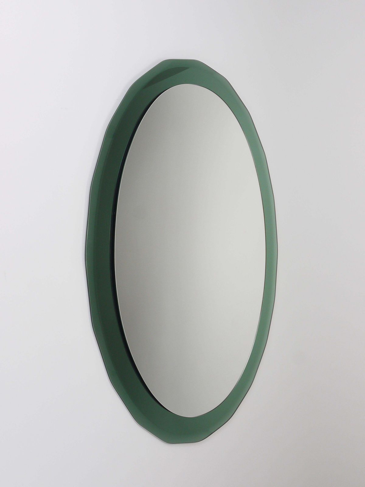 photo furniture Cristal Arte Oval Green Grey Mid Century Scalloped Wall Mirror, Italy, 1960s