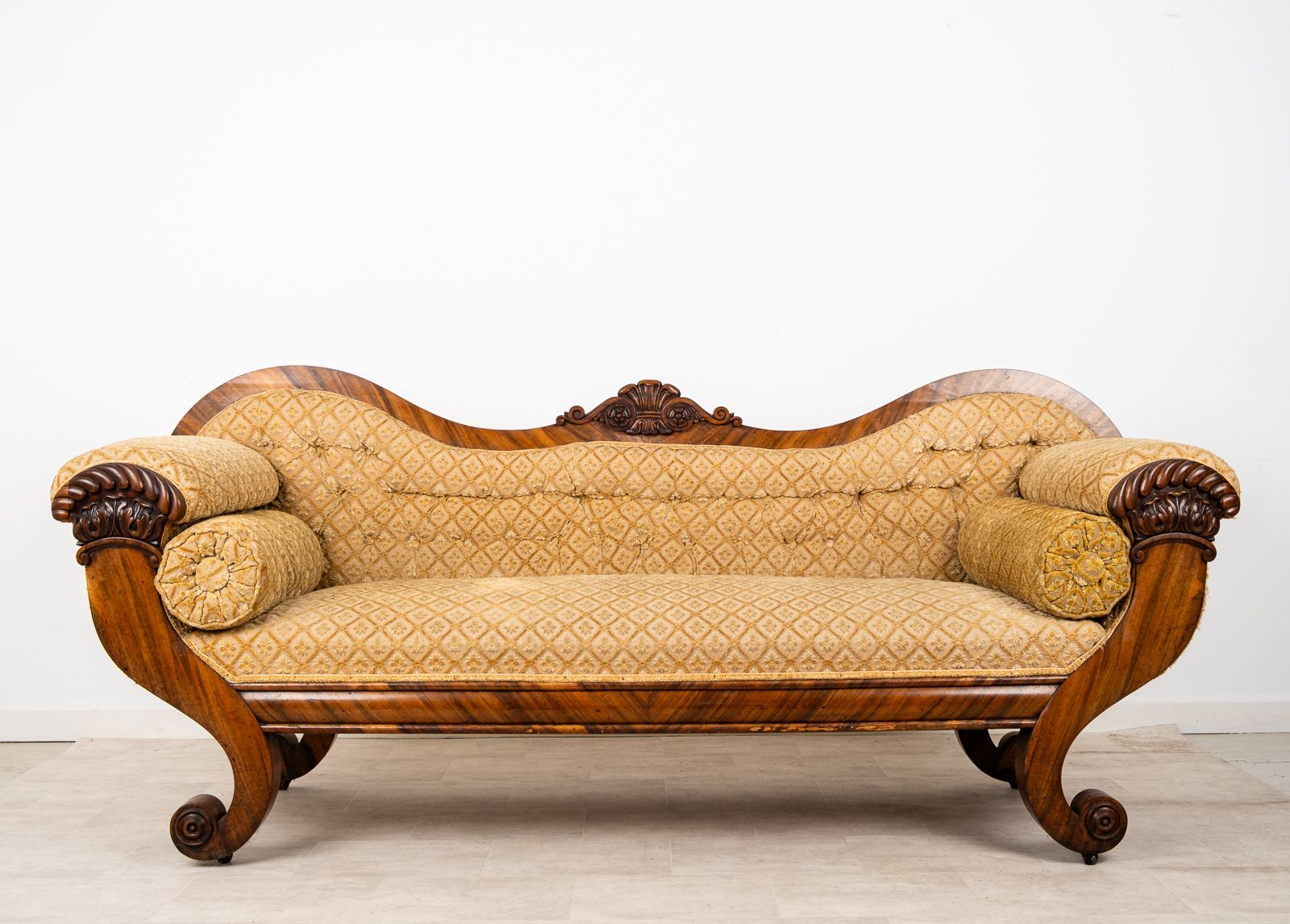 Victorian Rosewood Upholstered Settee Sofa With Carved Scroll Ends C.1880