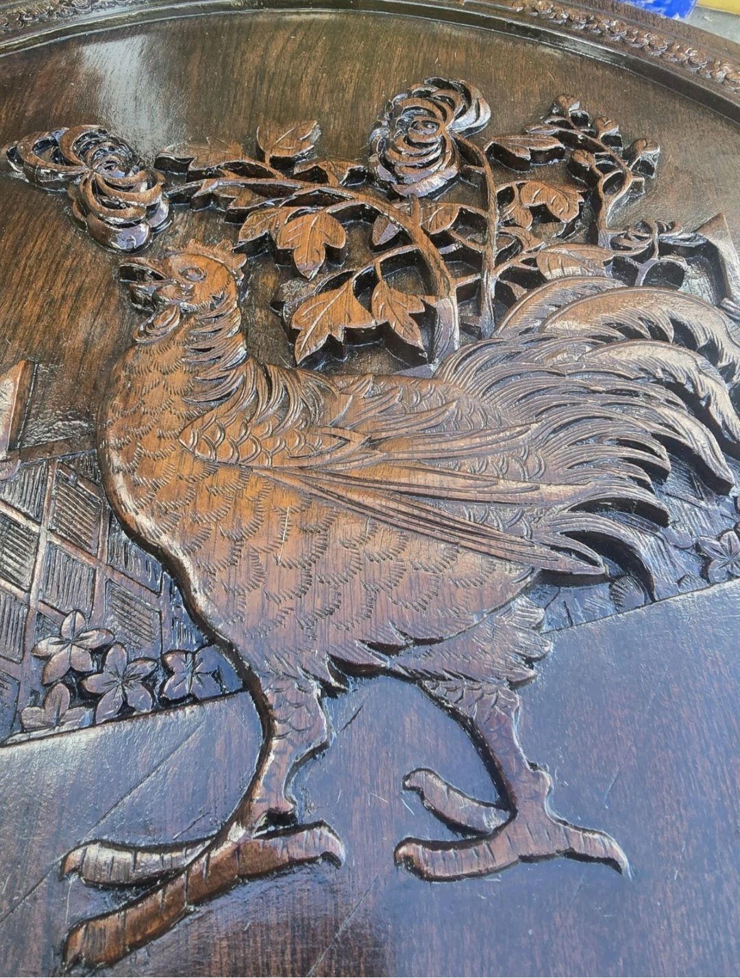 Carved Oak Folding Tilt Top Table Rooster photo furniture