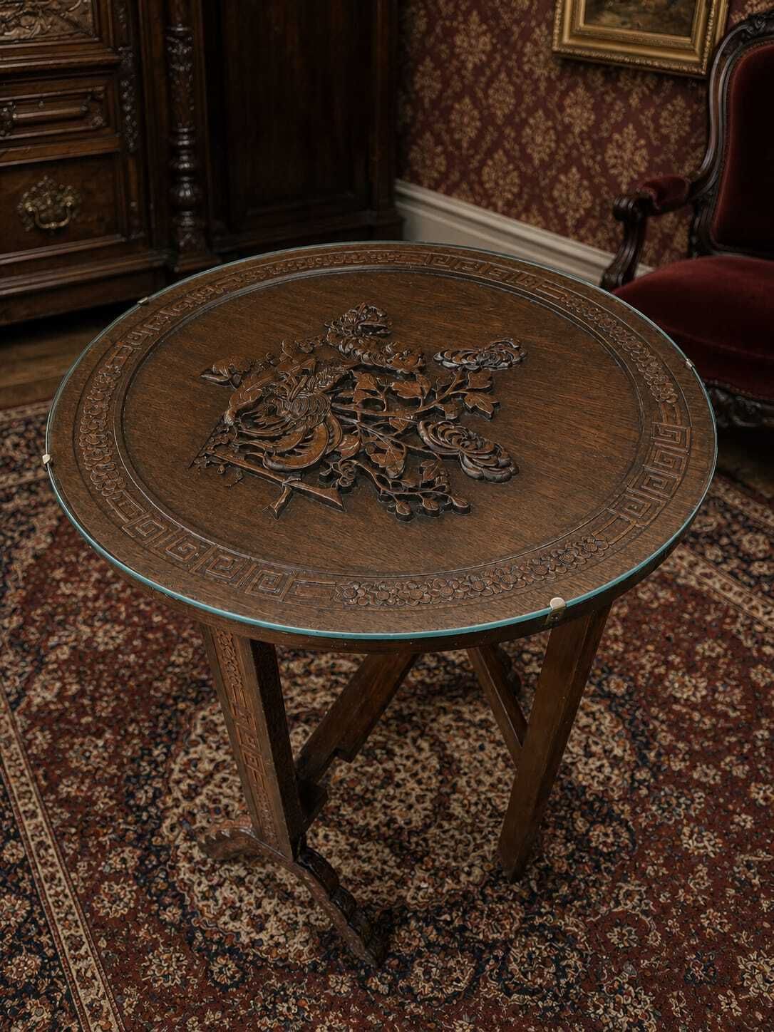 Carved Oak Folding Tilt Top Table Rooster