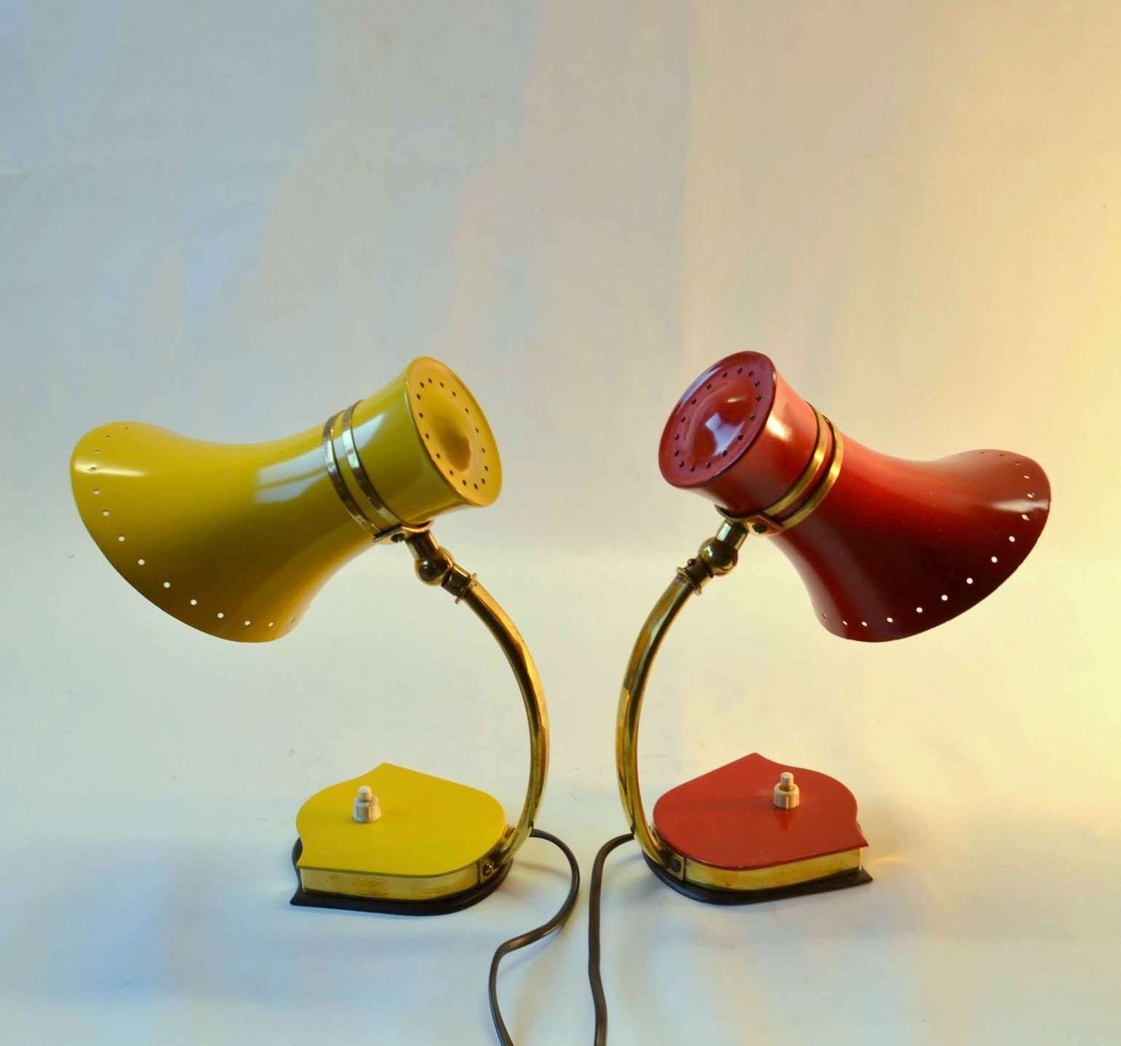 Original Pair Stilnovo Table Lamps 1960s Italian Red & Yellow & Brass photo furniture