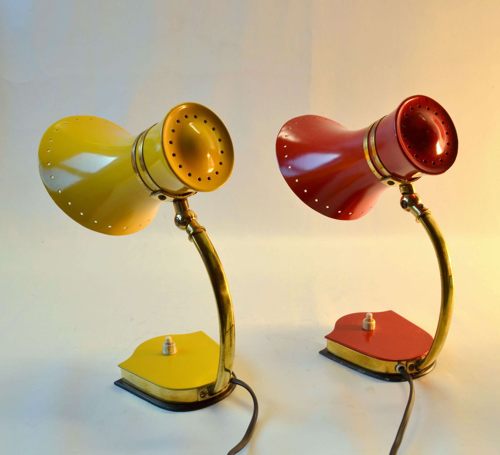 Original Pair Stilnovo Table Lamps 1960s Italian Red & Yellow & Brass photo for sale