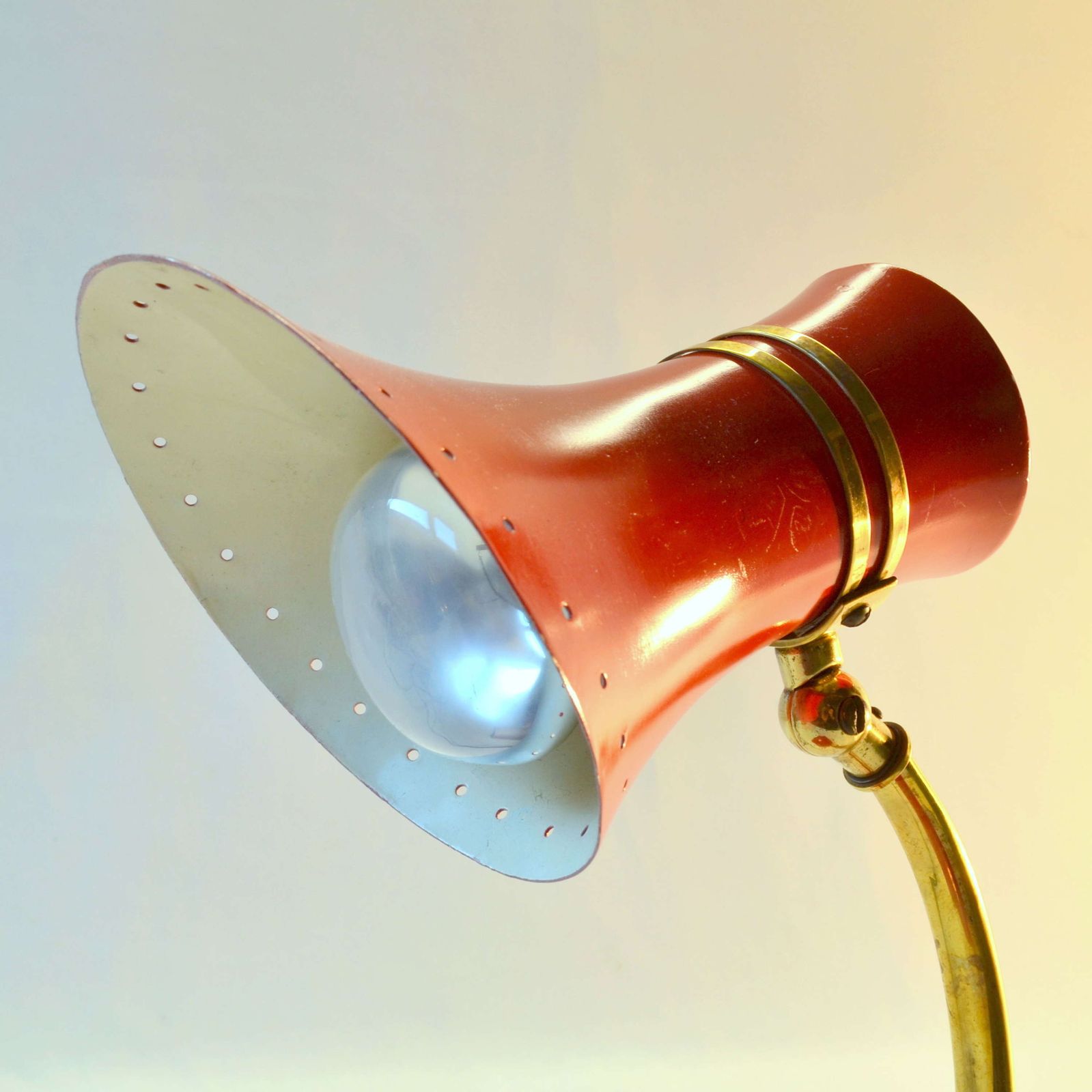 photo for sale Original Pair Stilnovo Table Lamps 1960s Italian Red & Yellow & Brass