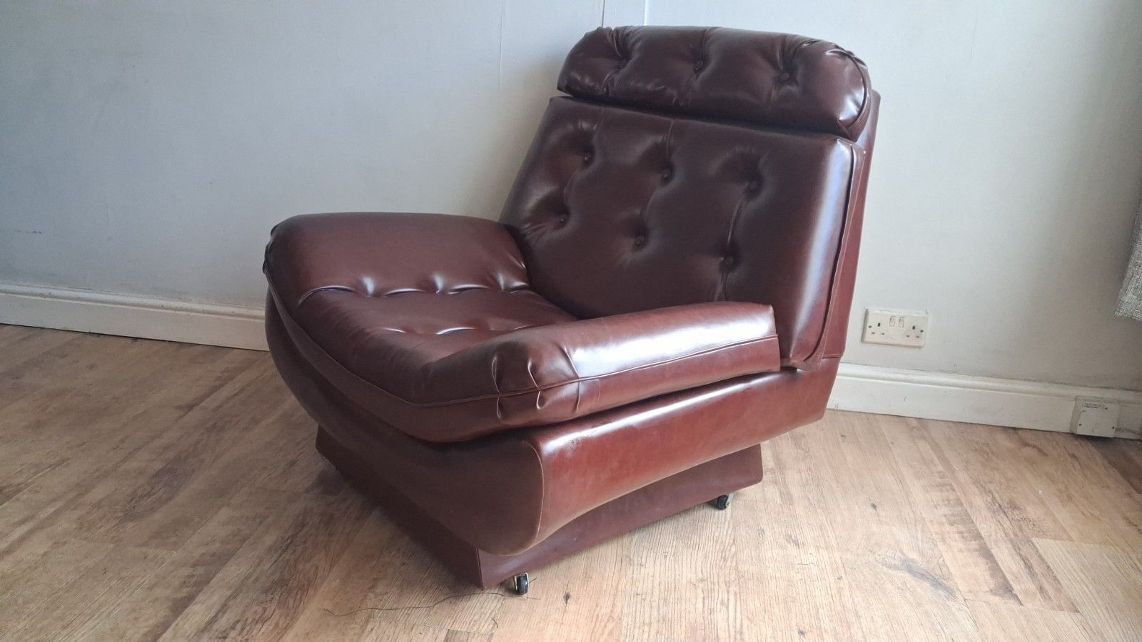 Delightful 1960's Style Buttoned Back Vinyl Low Profile Mid Century Armchair photo vintage