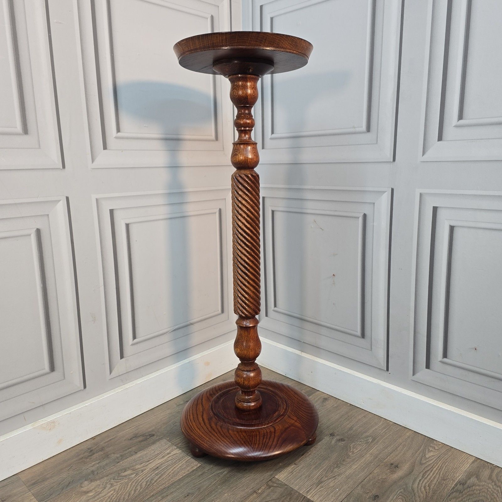 Solid Oak Plant Stand  Rope Twist Wood Table Antique Style Torchiere Jardiniere photo for sale