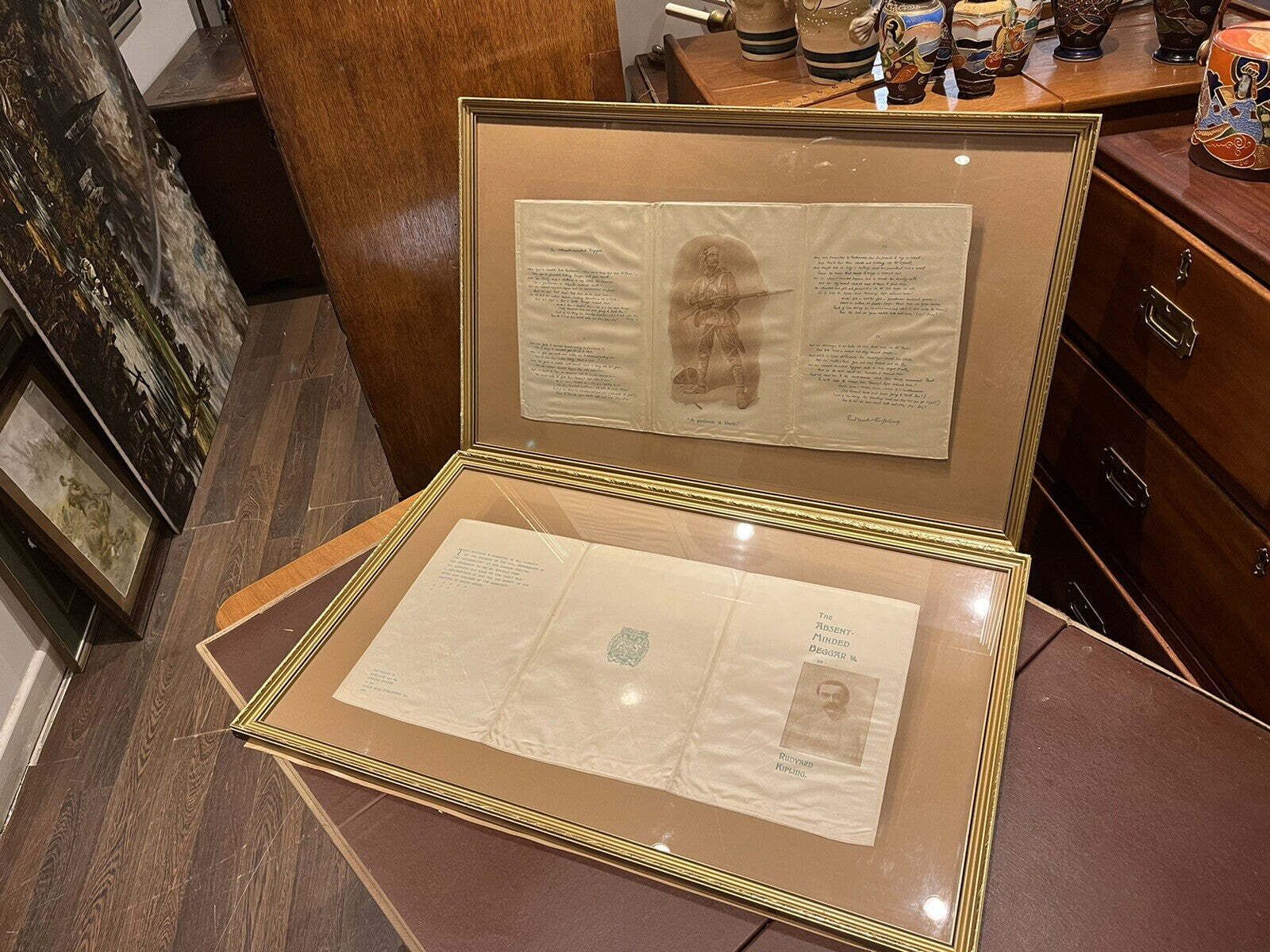 2 Original Framed Silk Souvenir From Garrick Theatre, Rudyard Kipling 1899. photo furniture