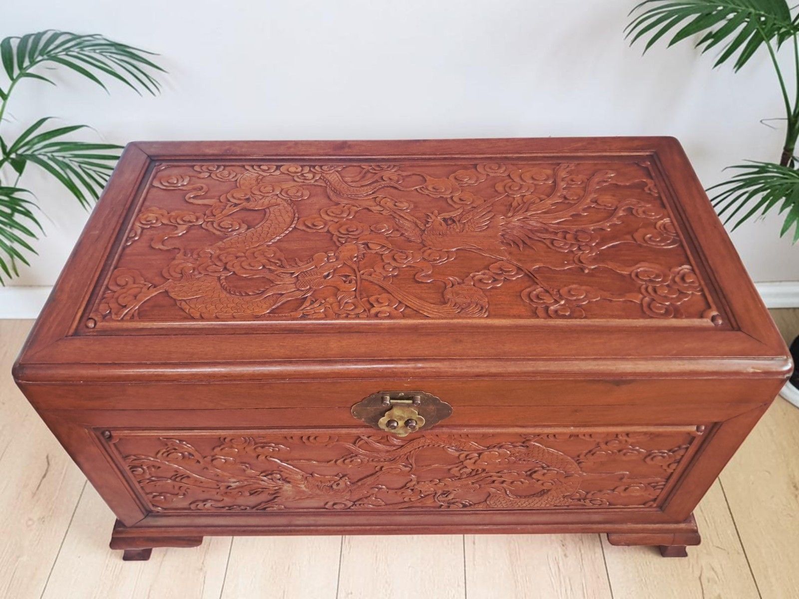 Large Oriental Camphor Wood Trunk Dragon Phoenix Carved Blanket Chest Coffee Tab photo 550.0