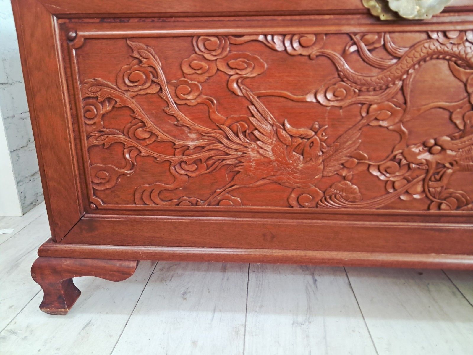 550.0 Large Oriental Camphor Wood Trunk Dragon Phoenix Carved Blanket Chest Coffee Tab photo