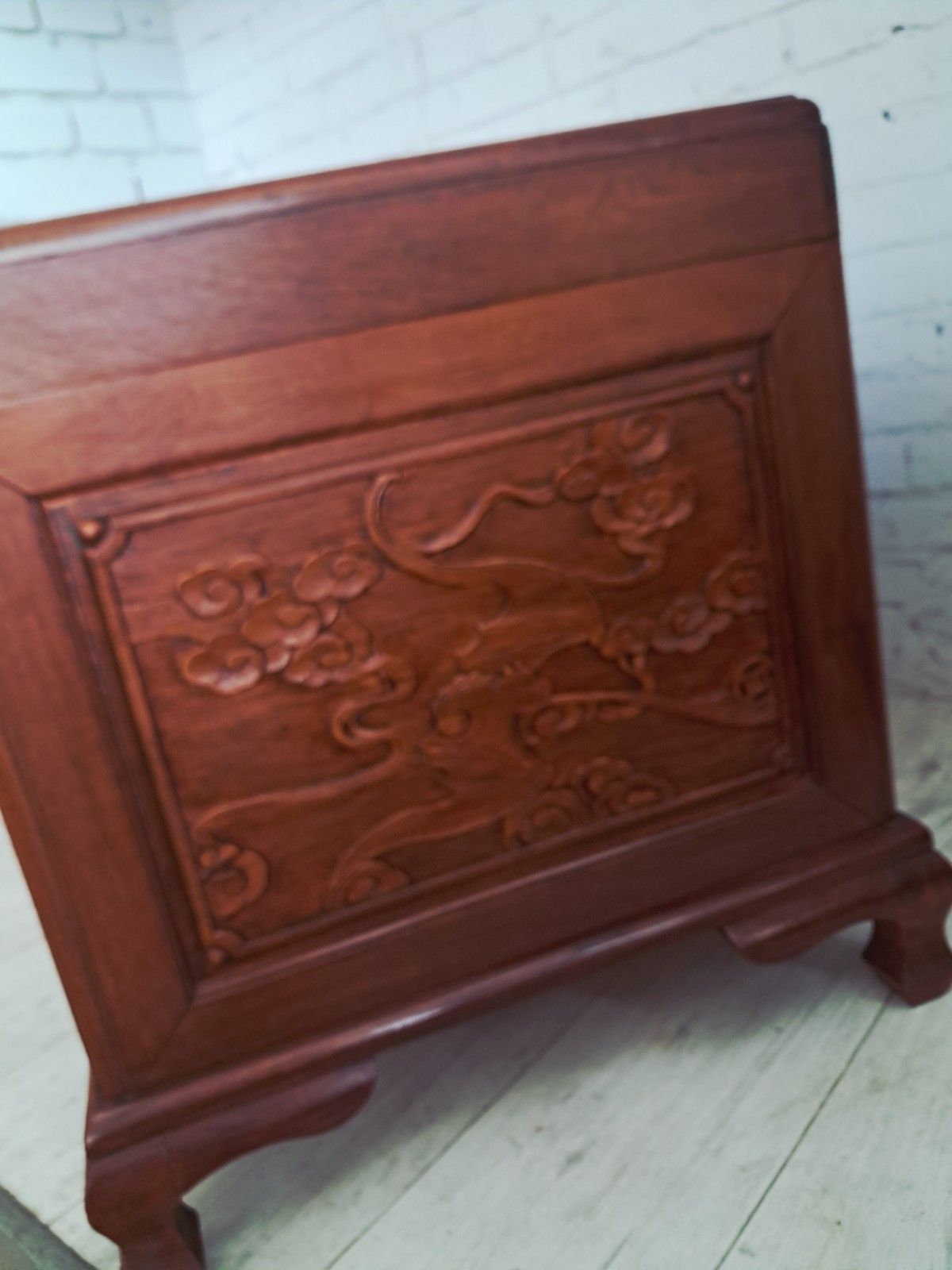 photo buy Large Oriental Camphor Wood Trunk Dragon Phoenix Carved Blanket Chest Coffee Tab