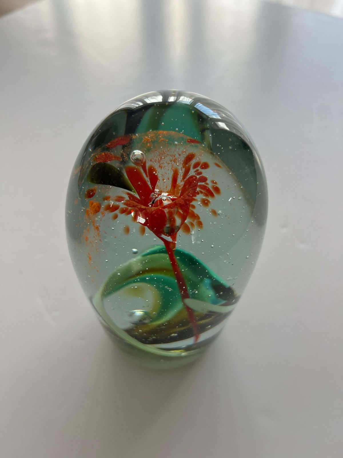 1960s Hand Blown Glass Paperweight With Flower And Leaf Design photo for sale