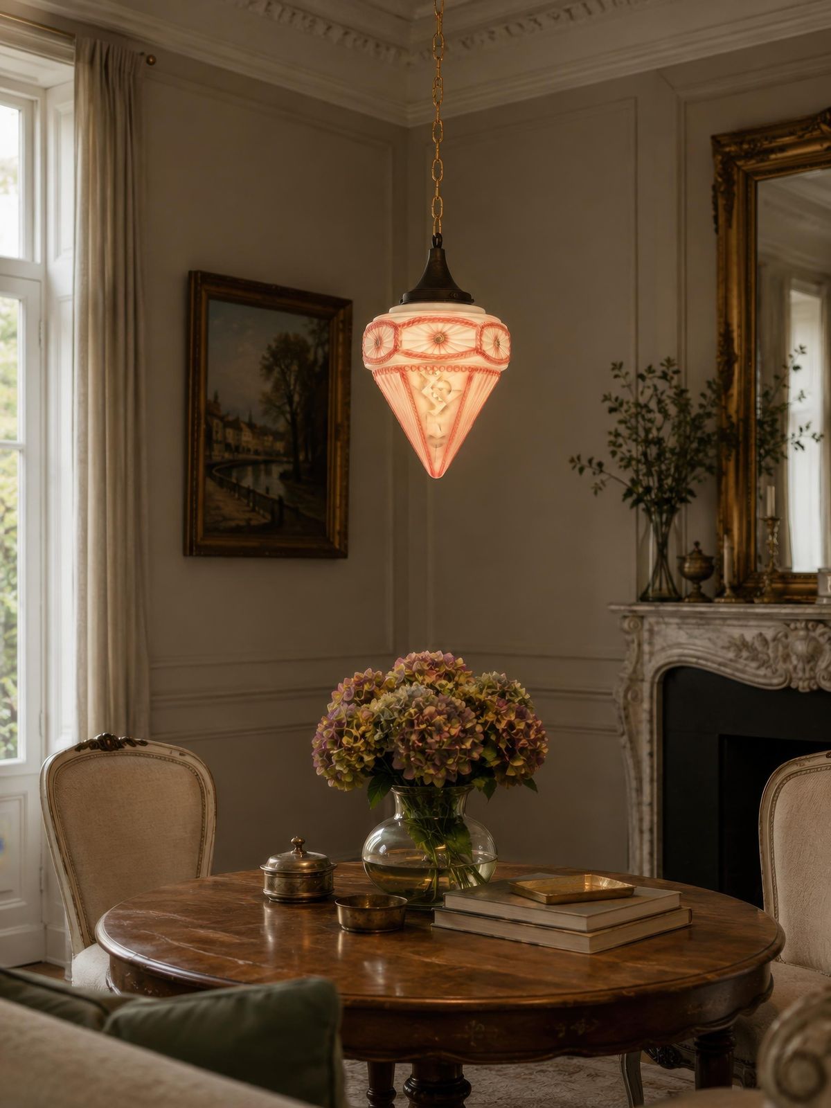 French Art Deco Style Pink Frosted Glass Pendant Lantern, Circa 1930 photo furniture