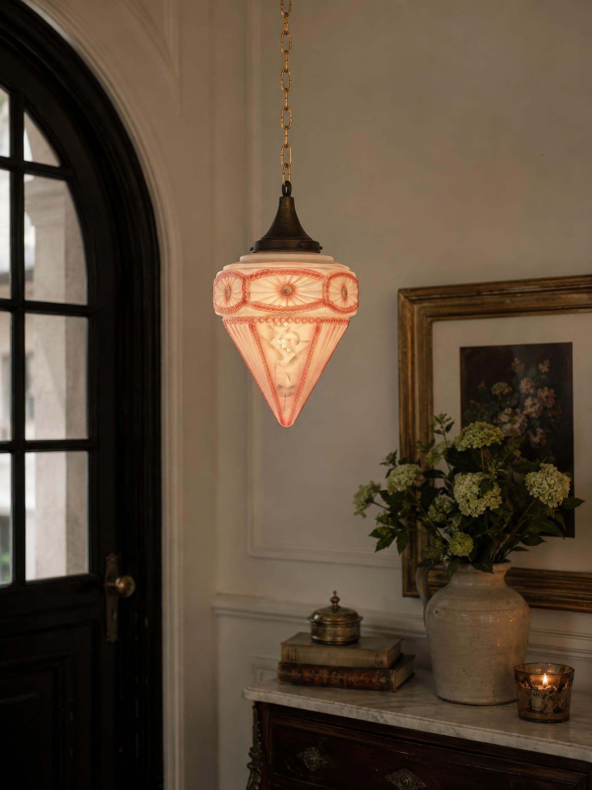 French Art Deco Style Pink Frosted Glass Pendant Lantern, Circa 1930 photo for sale