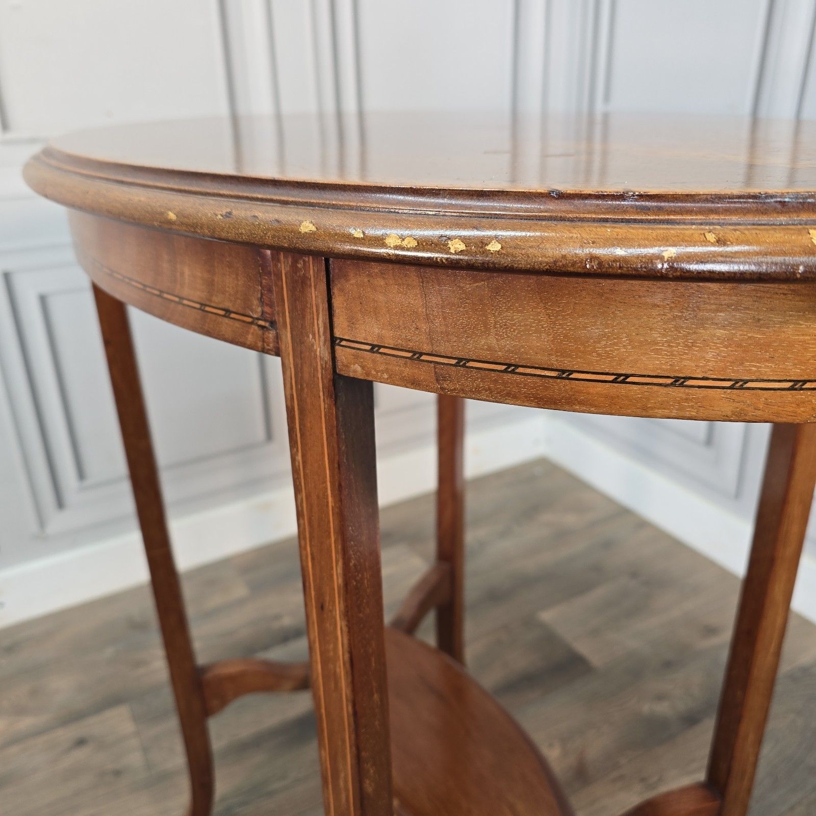 photo furniture Antique Oval Occasional Table Mahogany Solid Wooden Inlaid Lamp Hall Edwardian