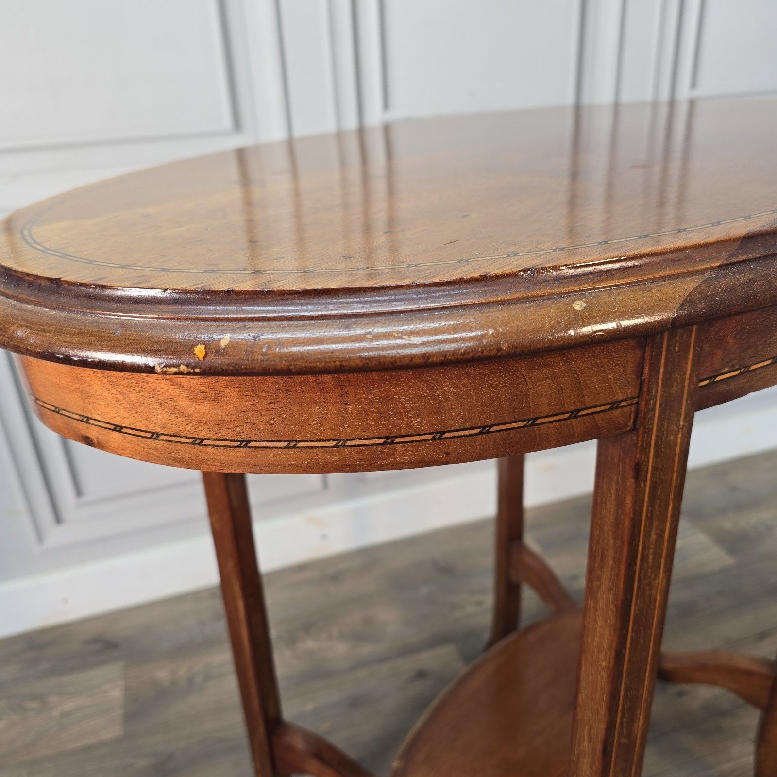 photo vinterior Antique Oval Occasional Table Mahogany Solid Wooden Inlaid Lamp Hall Edwardian
