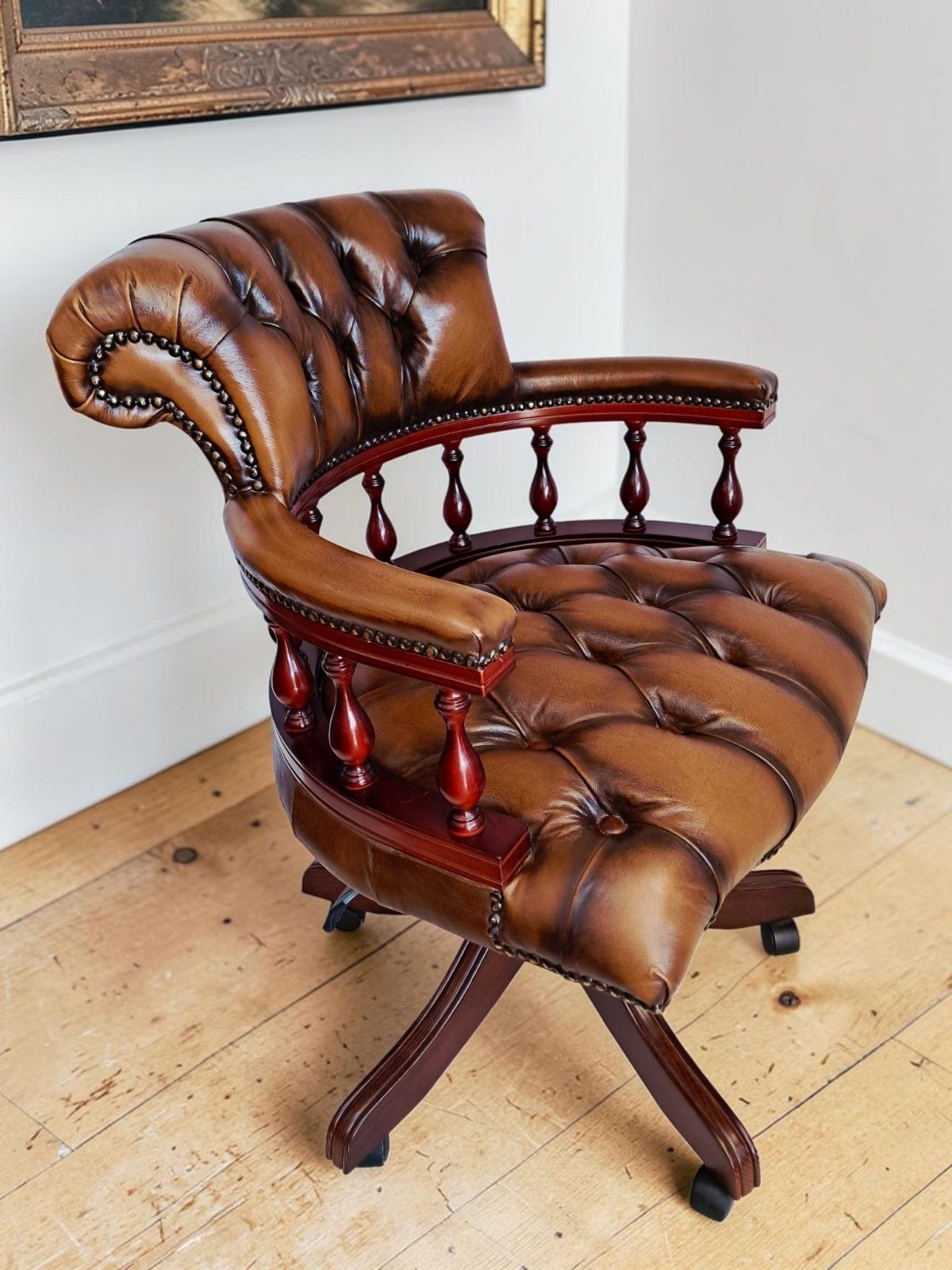 Antique Style Captains Chair Chesterfield Style Brown Leather Swivel & Tilt Desk photo 595.0