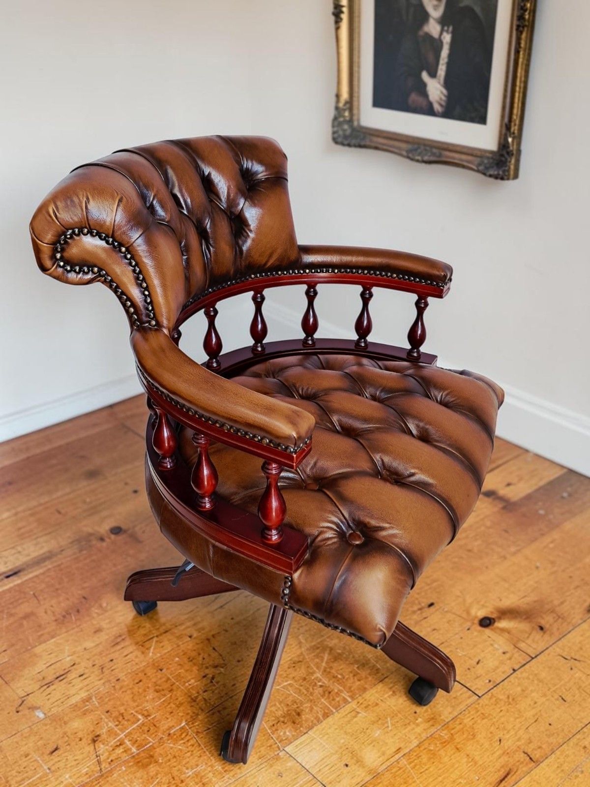 Furniture Antique Style Captains Chair Chesterfield Style Brown Leather Swivel & Tilt Desk photo