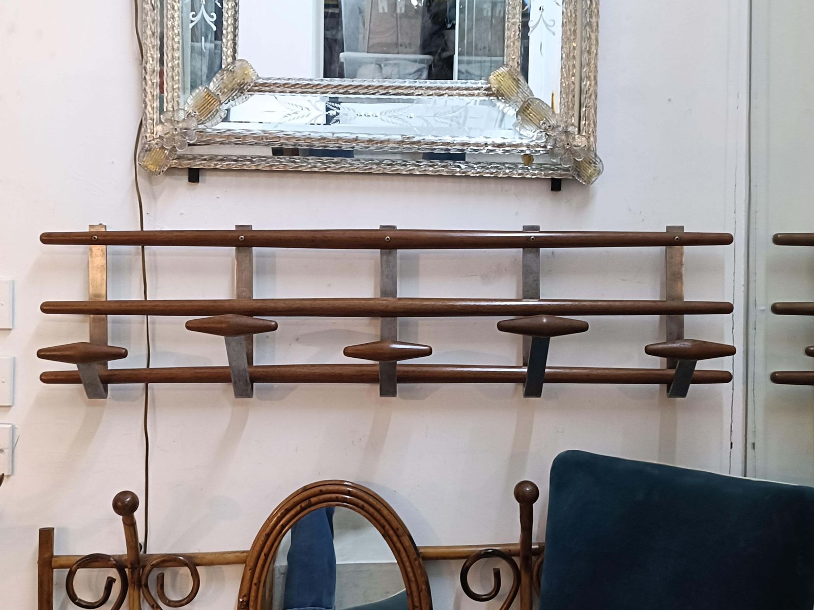 Wood And Chrome Metal Wall Coat Stand, Italy 1960s photo 616.0