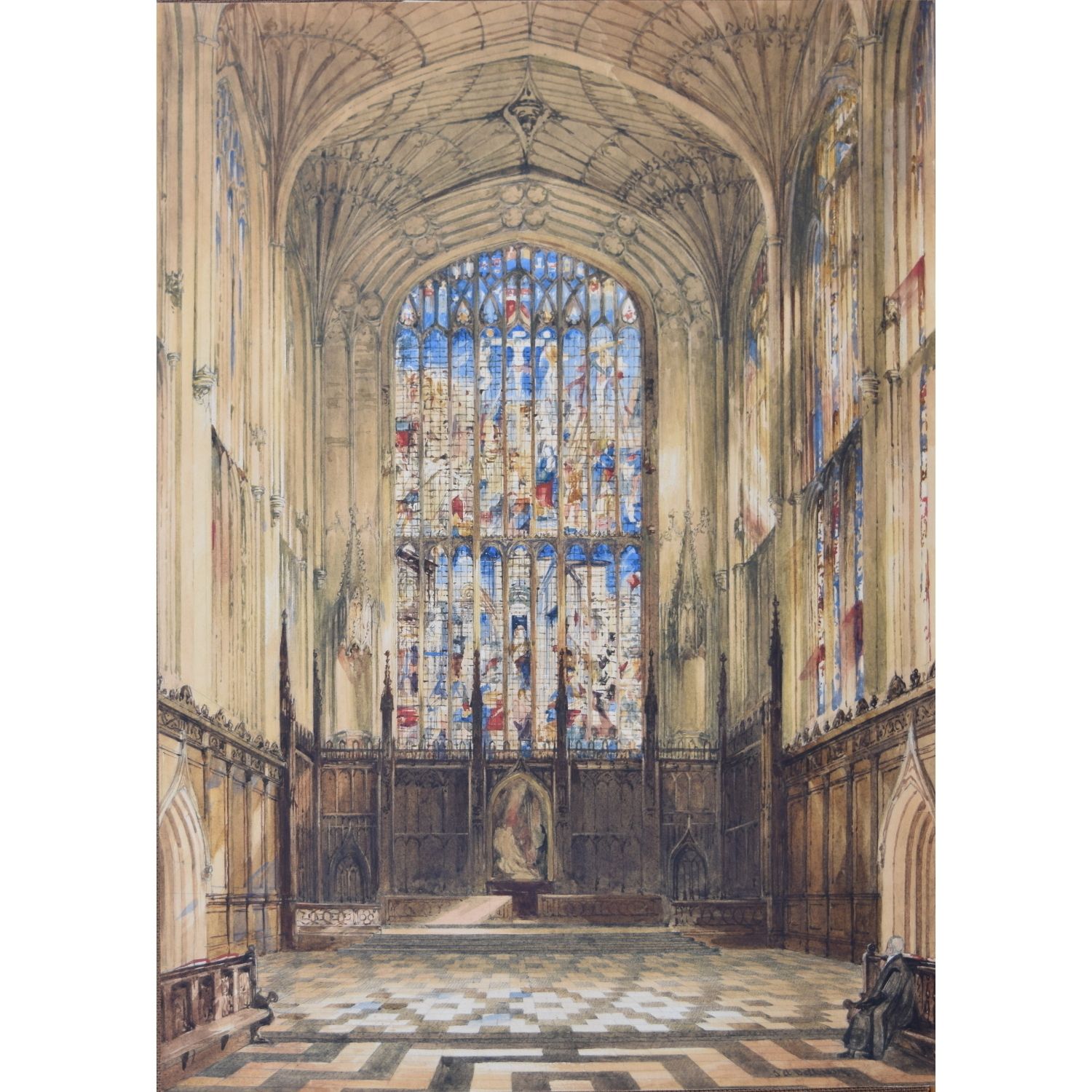John Anderson Bell King’s College Cambridge Chapel Interior C. 1840 Large Watercolour