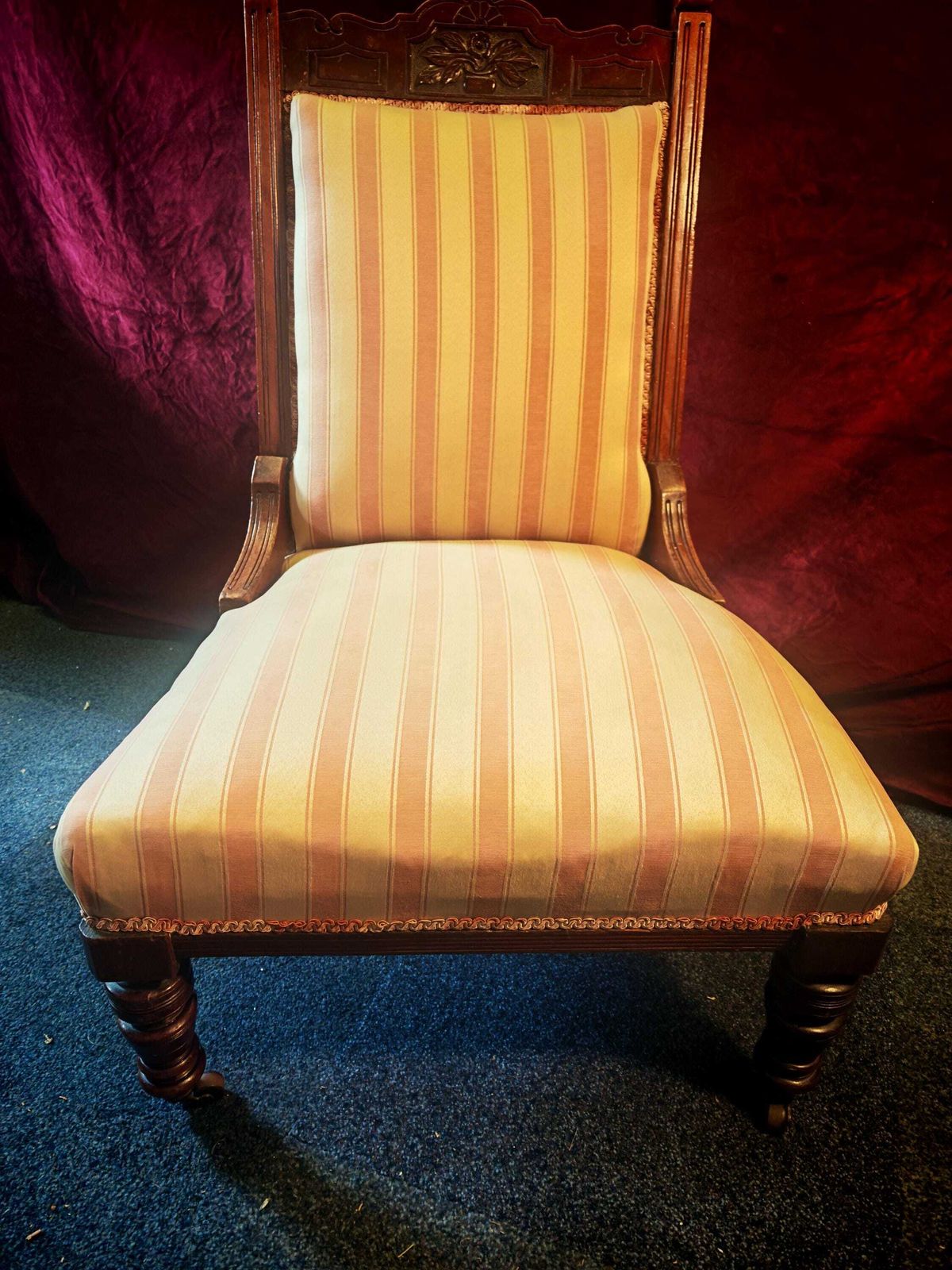 Antique Narrow Back, Pink And White Mahogany Victorian Nursing Chair. 1980s/90s Likely Reupholstered. 96cm Tall. Very Good Condition photo for sale