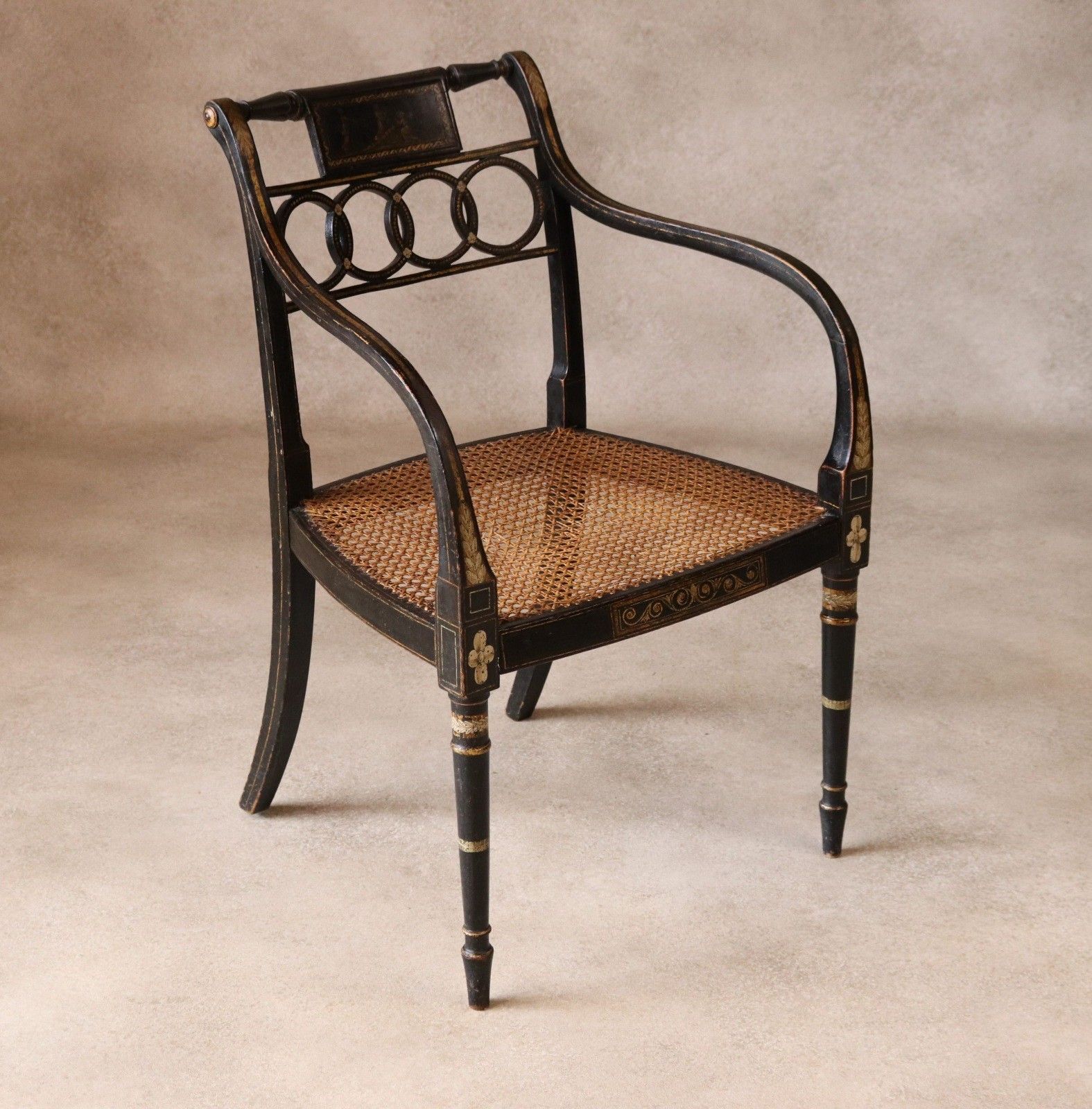 Antique Regency Ebonised Parcel Gilt Painted Elbow Chair Cane Seat Armchair photo furniture