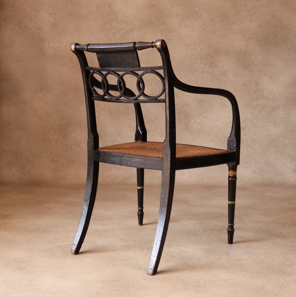 Antique Regency Ebonised Parcel Gilt Painted Elbow Chair Cane Seat Armchair photo for sale