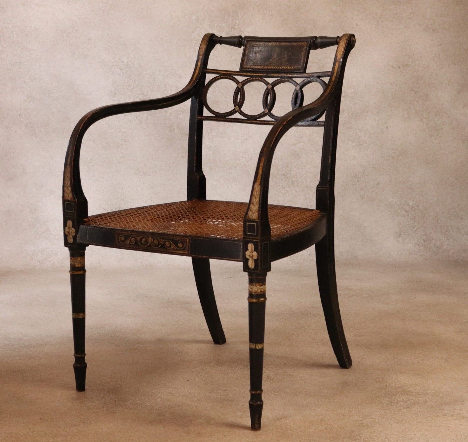 Antique Regency Ebonised Parcel Gilt Painted Elbow Chair Cane Seat Armchair photo Furniture
