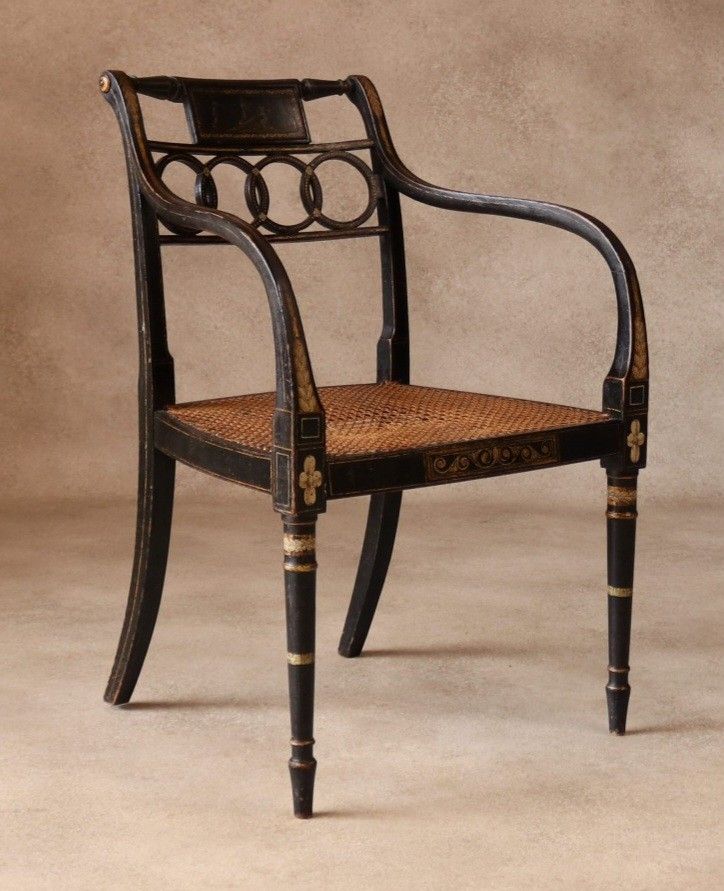 Antique Regency Ebonised Parcel Gilt Painted Elbow Chair Cane Seat Armchair photo 995.0