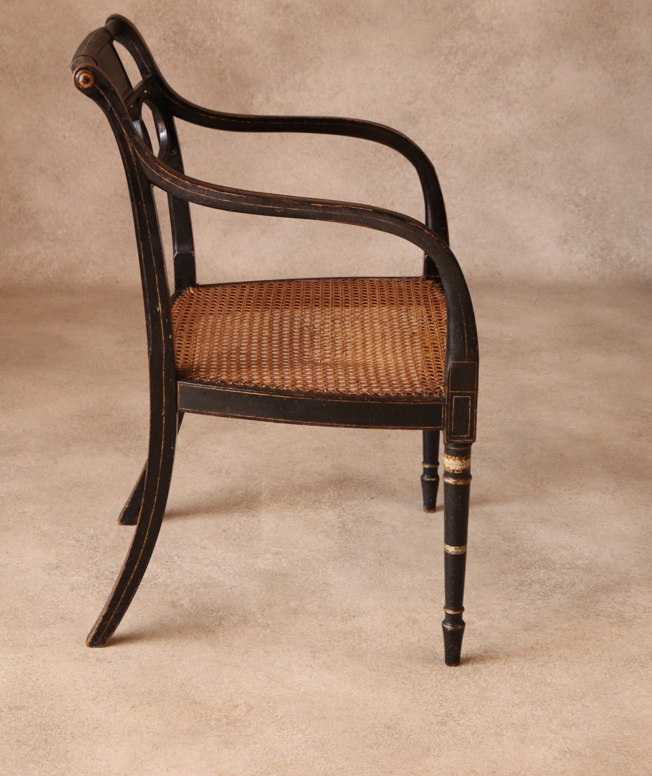 Antique Regency Ebonised Parcel Gilt Painted Elbow Chair Cane Seat Armchair photo vinterior