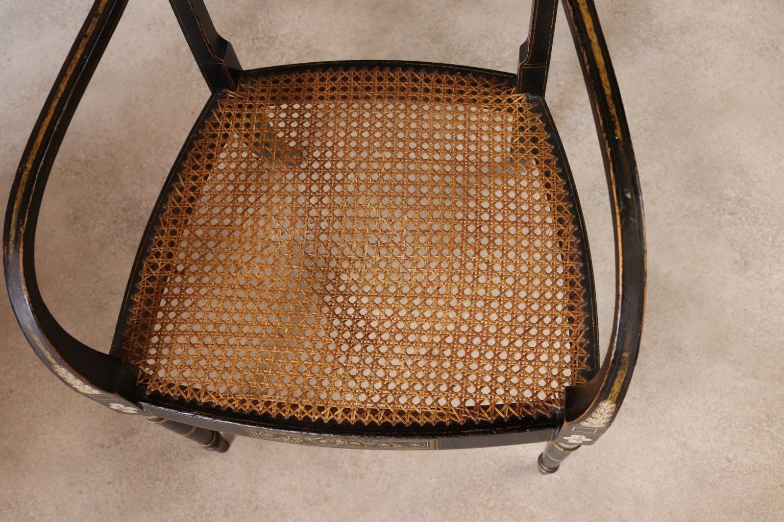 995.0 Antique Regency Ebonised Parcel Gilt Painted Elbow Chair Cane Seat Armchair photo
