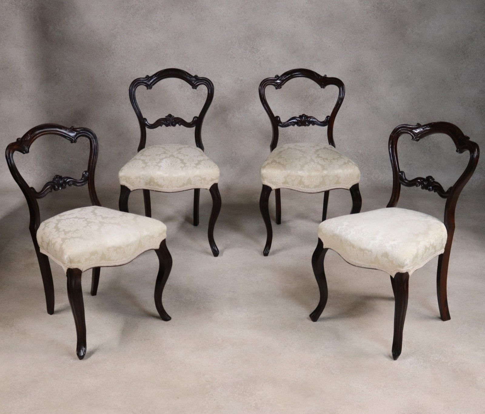 Set Of 4 Antique Victorian Rosewood Balloon Back Dining Chairs
