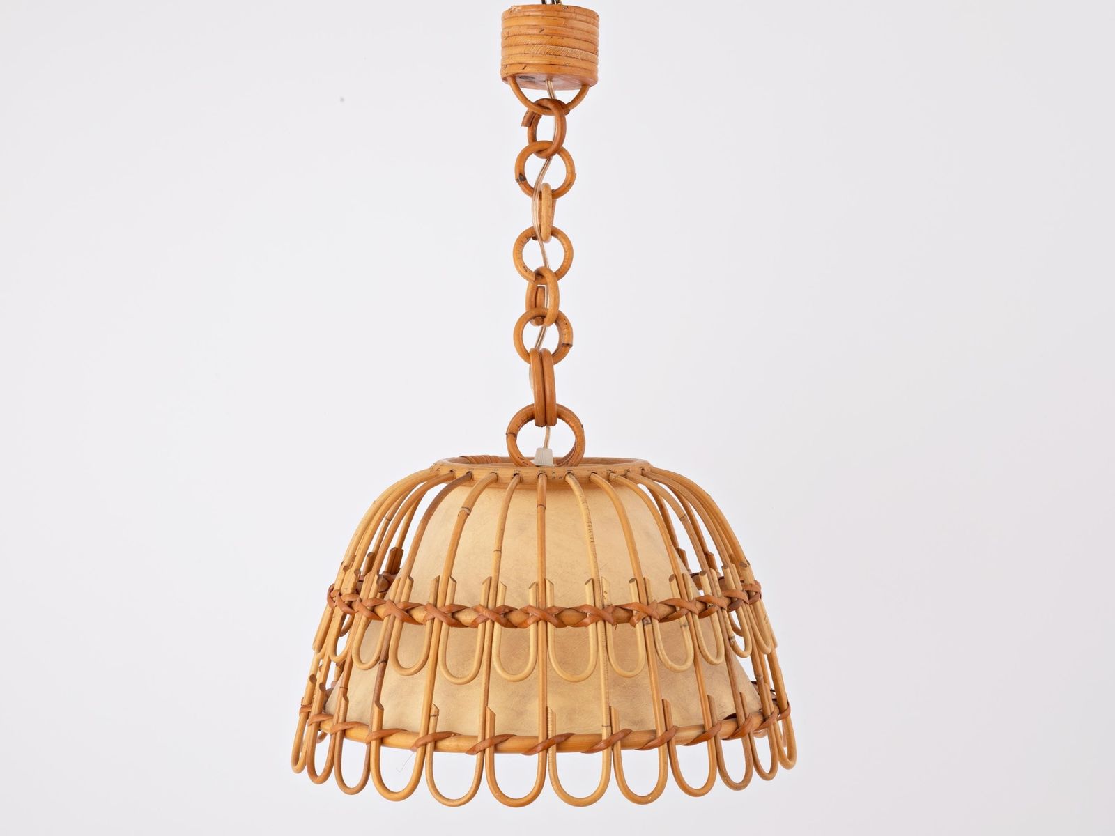 Mid Century Spanish French Riviera Bamboo Rattan Wicker Pendant Lamp 1960s Ceiling Light Boho Coastal Cote D'azur Pencil Reed Franco Albini photo furniture