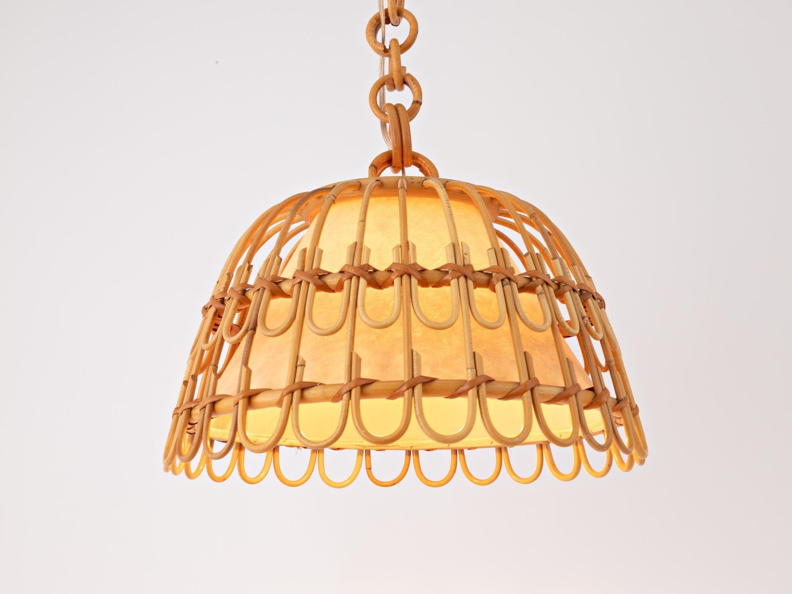 photo for sale Mid Century Spanish French Riviera Bamboo Rattan Wicker Pendant Lamp 1960s Ceiling Light Boho Coastal Cote D'azur Pencil Reed Franco Albini